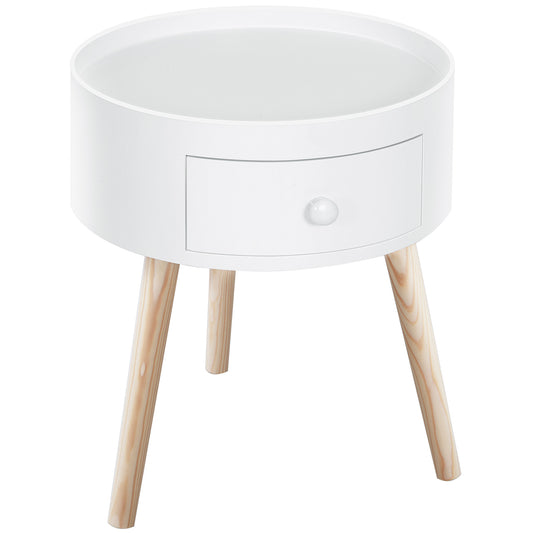 HOMCOM Mesita de Noche con 1 Cajón Mesa Auxiliar Redonda con Borde Elevado y 3 Patas de Madera para Dormitorio Sala de Estar Estilo de Moderno Ø38x45 cm Blanco