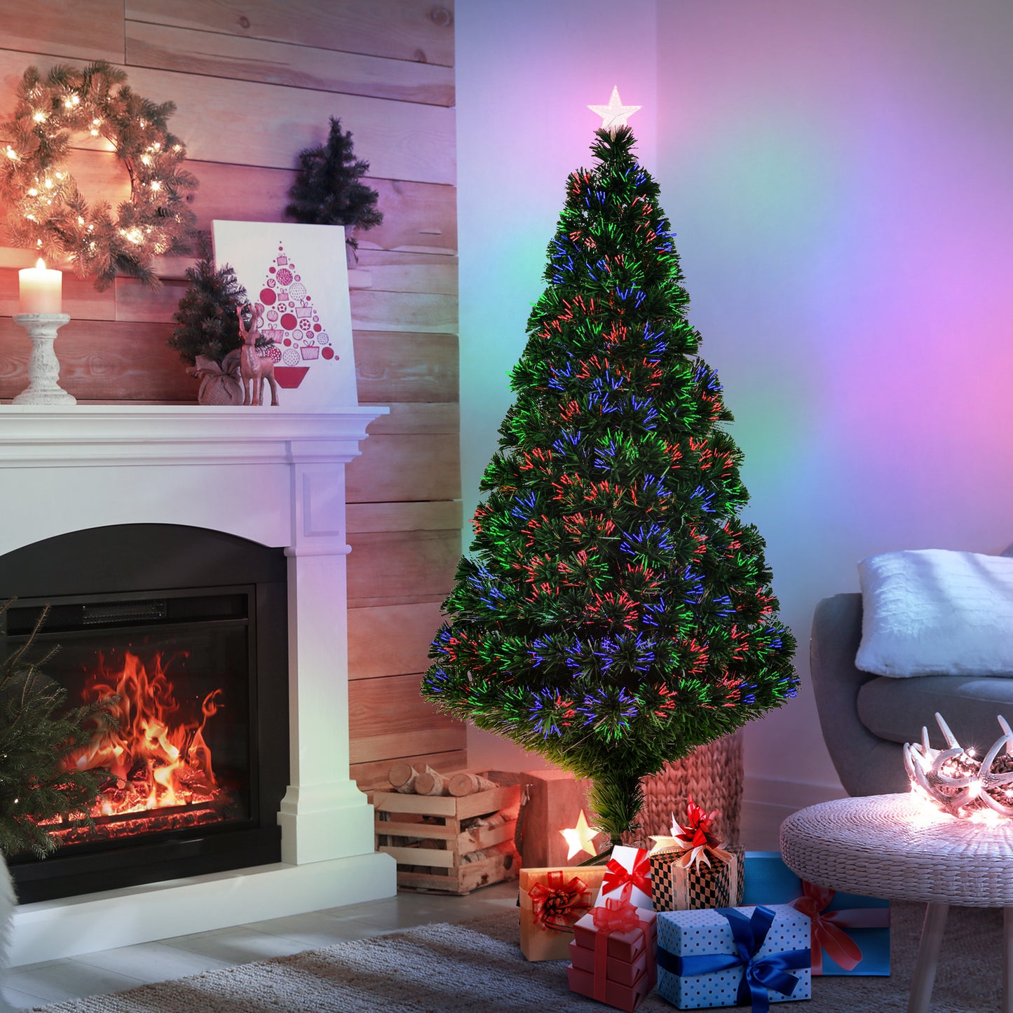 HOMCOM Árbol de Navidad 150cm Artificial Árboles de Abeto con Soporte Fibra Óptica Brillante LED Multicolor Ignífugo