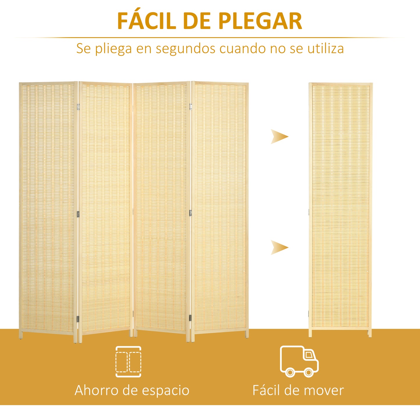 HOMCOM Biombo de 4 Paneles Plegable 180x180 cm Separador de Ambientes Divisor de Habitación Tejido a Mano de Bambú e Hilo de Algodón Decoración Elegante para Salón Natural