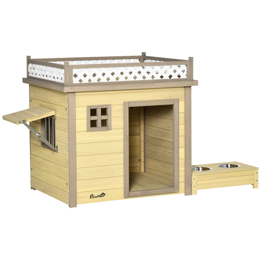 PawHut Casa para Perros de Madera Caseta para Perros Pequeños con 2 Ventanas Comedero 2 Cuencos de Acero Inoxidable y Mesa de Cultivo para Interior Exterior 105x65x80 cm Natural