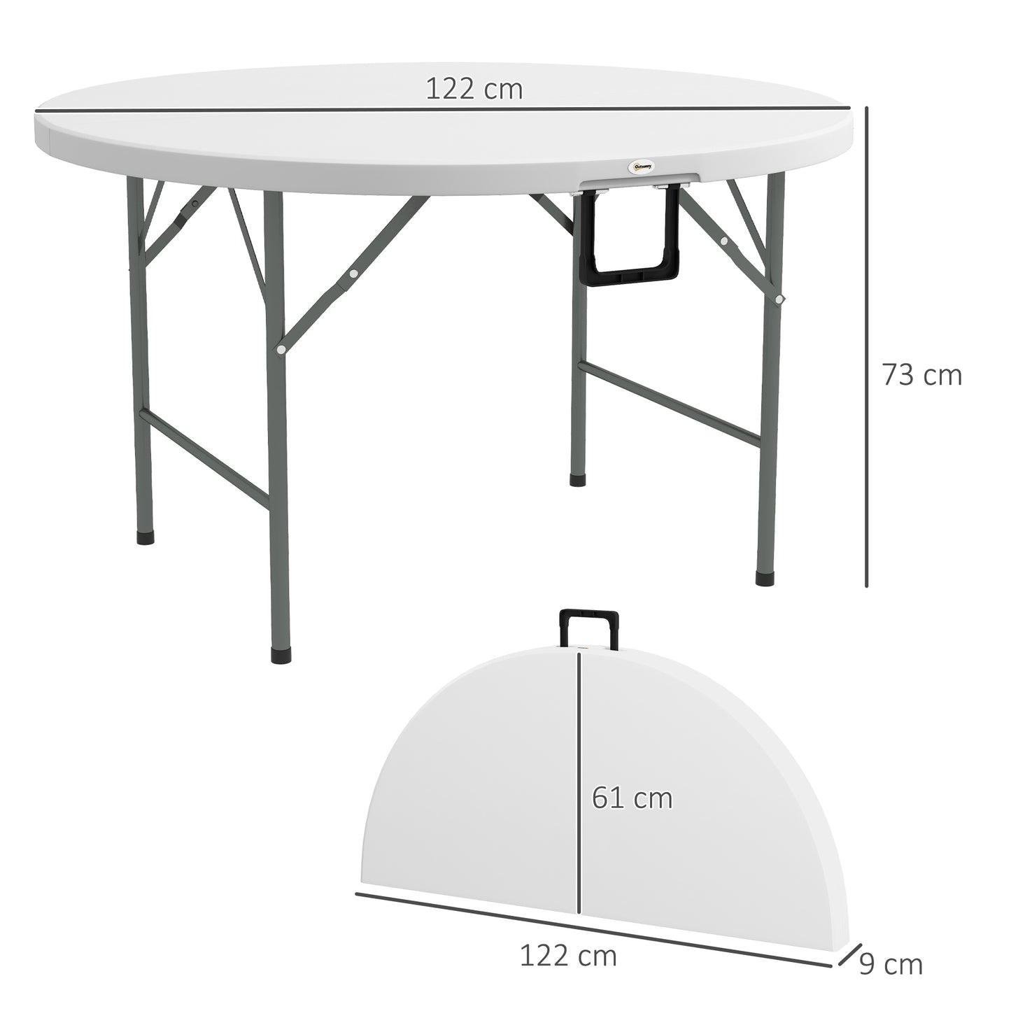 Outsunny Mesa Auxiliar Redonda Mesa de Jardín Plegable con Marco de Acero y Encimera de HDPE Carga 80 kg para Interior y Exterior Ø122x73 cm Blanco