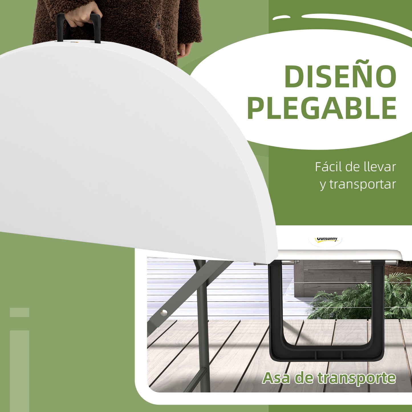 Outsunny Mesa Auxiliar Redonda Mesa de Jardín Plegable con Marco de Acero y Encimera de HDPE Carga 80 kg para Interior y Exterior Ø122x73 cm Blanco