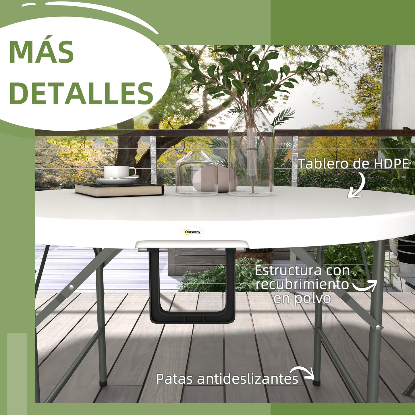 Outsunny Mesa Auxiliar Redonda Mesa de Jardín Plegable con Marco de Acero y Encimera de HDPE Carga 80 kg para Interior y Exterior Ø122x73 cm Blanco