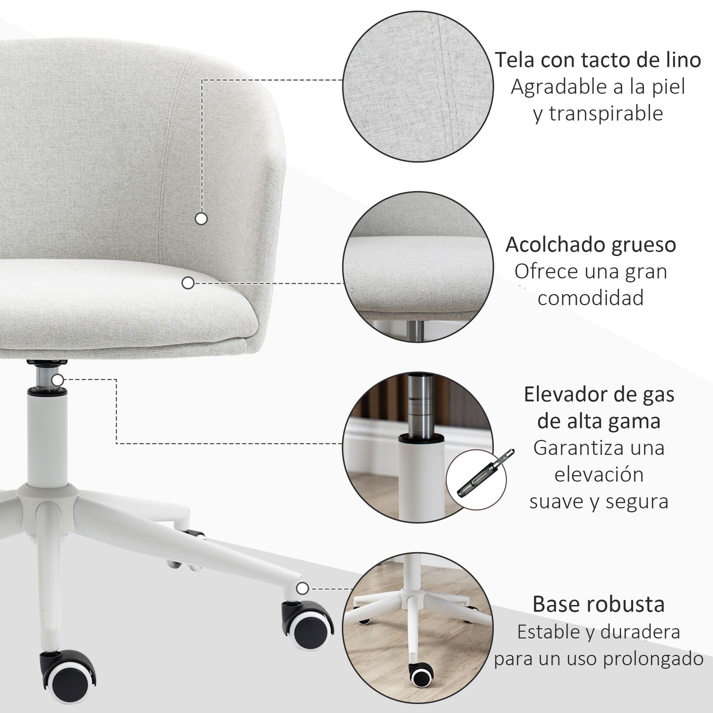 Vinsetto Silla de Oficina Giratoria Silla de Escritorio para Adolescente Ergonómica Altura Ajustable con Reposabrazos y Asiento Acolchado Carga 120 kg Tejido de Lino 56x56x72-82 cm Gris Claro