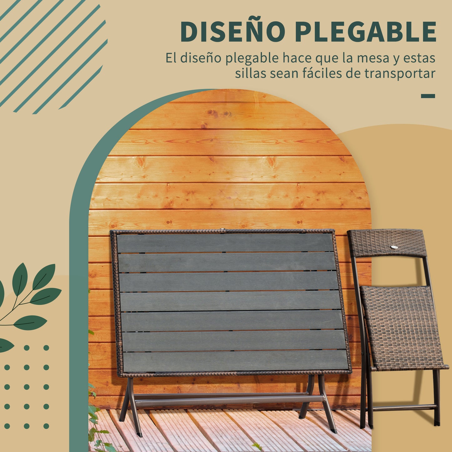 Outsunny Conjunto de Muebles de Jardín Plegable Juego de Muebles de Jardín de Ratán de 7 Piezas Mesa y 6 Sillas para Exterior Patio Terraza Acero Color Marrón