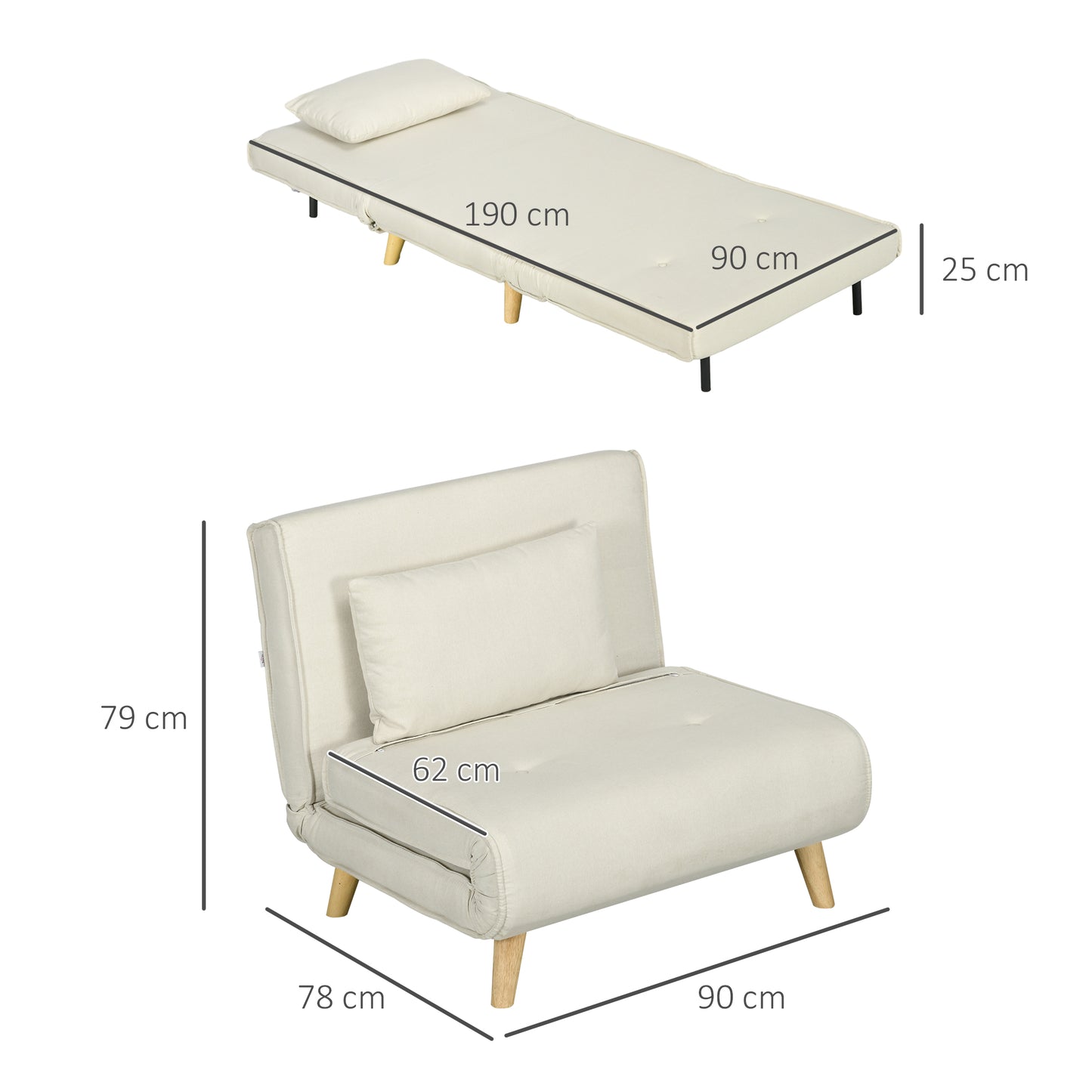 HOMCOM Sofá Cama Individual 2 en 1 Sillón Cama Plegable Sillón Individual con Respaldo Ajustable y Cojín para Sala Dormitorio Oficina en Casa Carga 125 kg 90x78x79 cm Beige