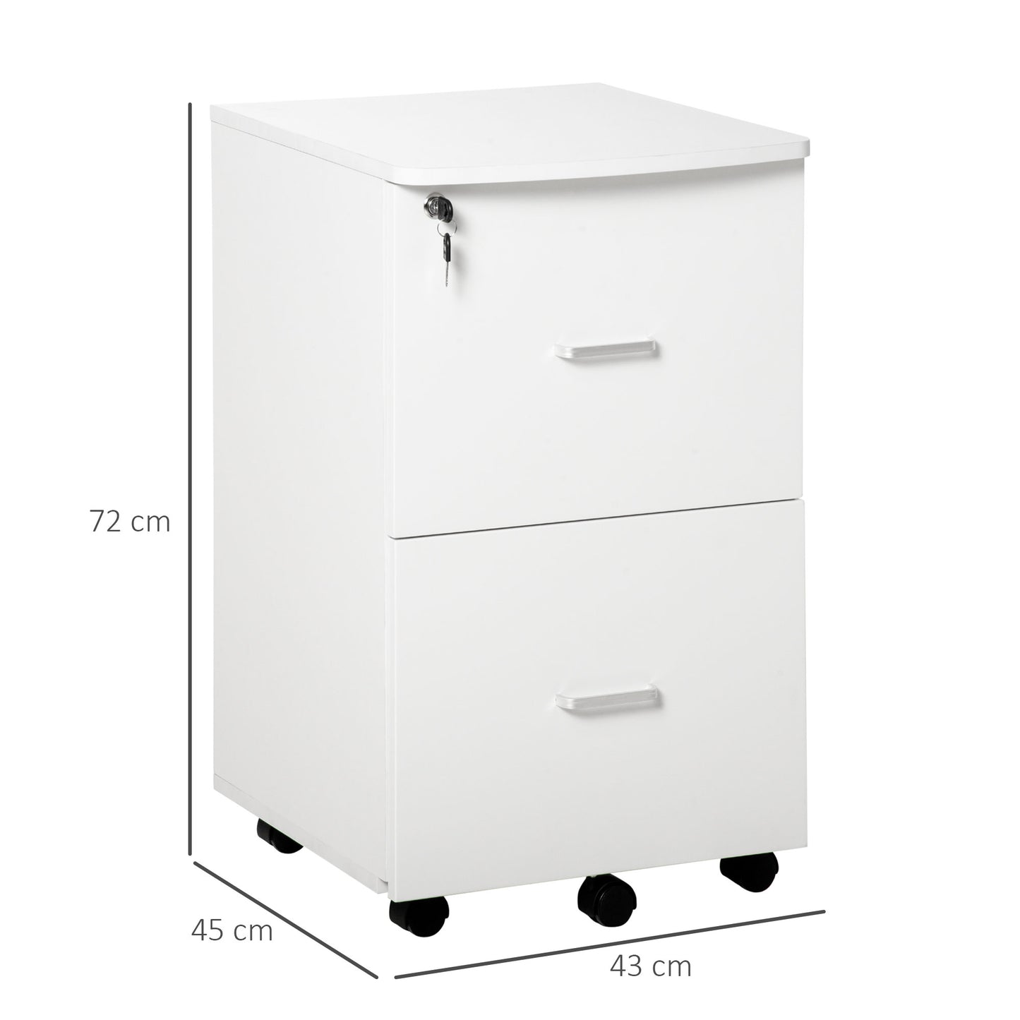 Vinsetto Cajonera de Oficina Mueble Auxiliar para Archivos con 2 Cajones Cerradura de 2 Llaves 5 Ruedas para Tamaño Carta A4 para Estudio Despacho Dormitorio 43x45x72 cm Blanco