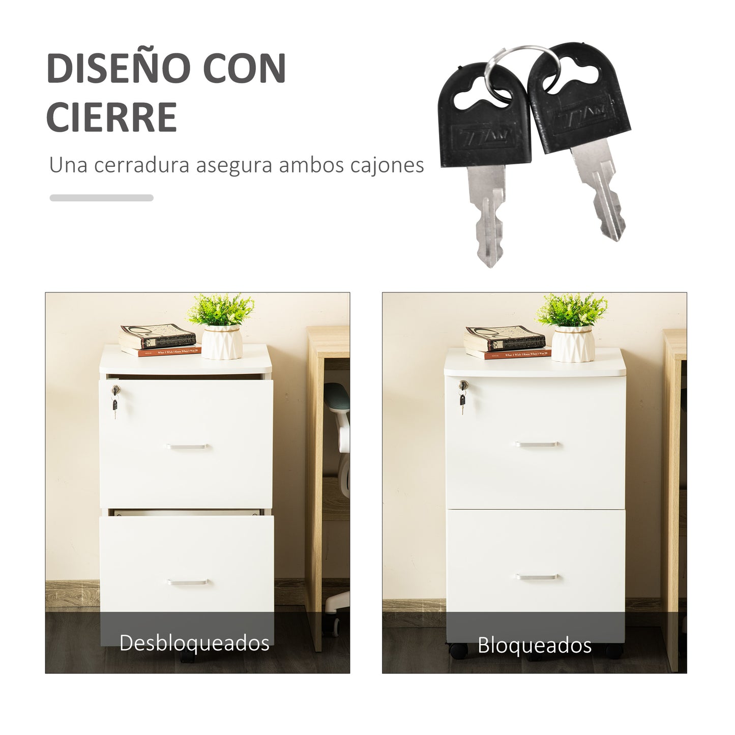 Vinsetto Cajonera de Oficina Mueble Auxiliar para Archivos con 2 Cajones Cerradura de 2 Llaves 5 Ruedas para Tamaño Carta A4 para Estudio Despacho Dormitorio 43x45x72 cm Blanco