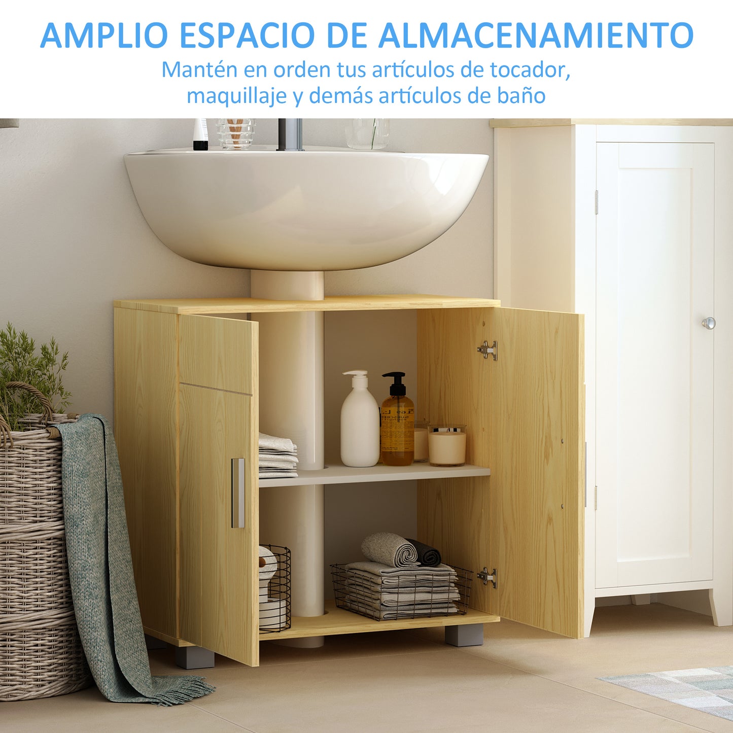 kleankin Mueble para Debajo del Lavabo Armario Baño de Suelo de Madera con 2 Puertas y Estante Ajustable Interior Moderno 60x30x60 cm Natural