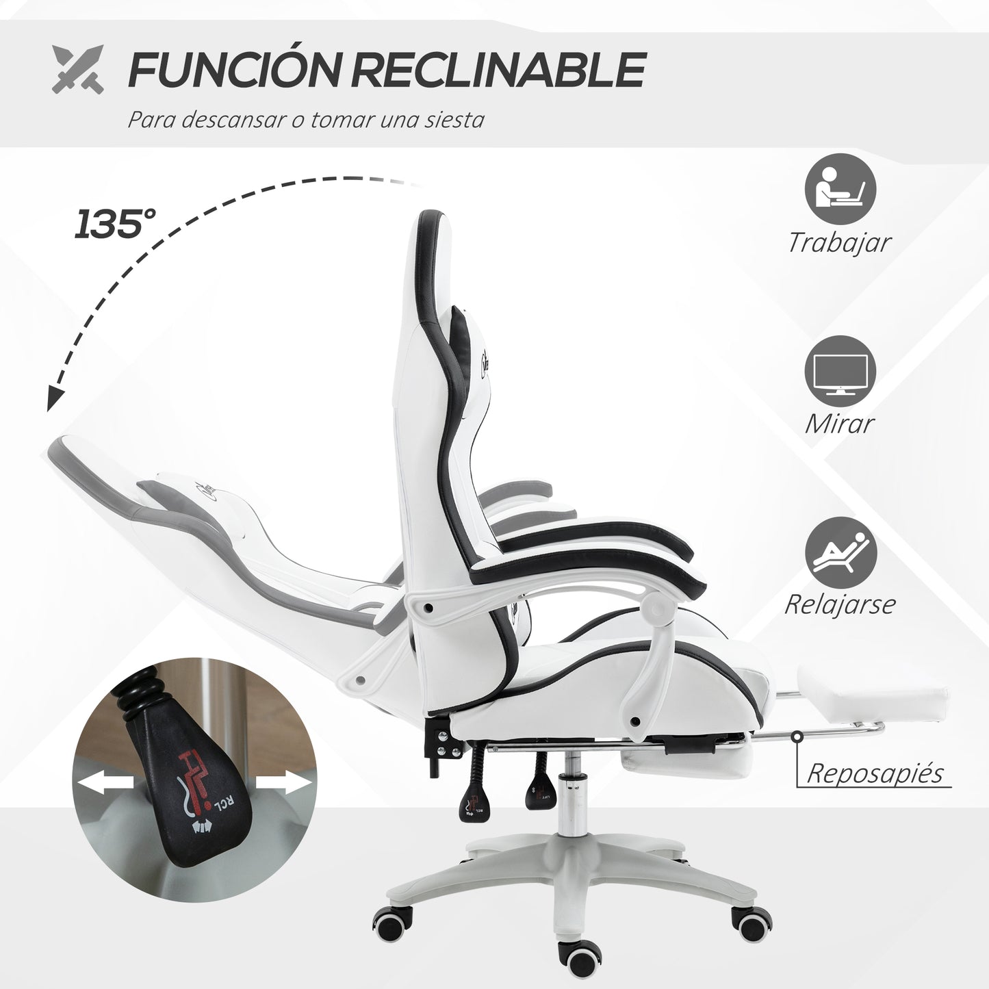 Vinsetto Silla Gaming Silla Gamer Racing de Cuero PU con Altura Ajustable Reclinable 135° Reposacabezas y Reposapiés Retráctil para Oficina Estudio 65x65x121-129 cm Blanco