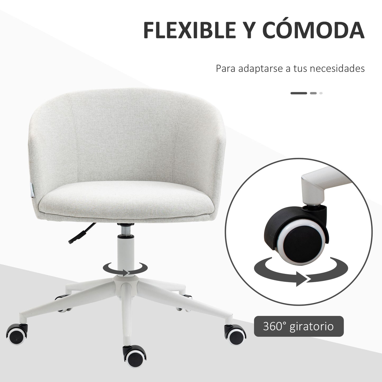 Vinsetto Silla de Oficina Giratoria Silla de Escritorio para Adolescente Ergonómica Altura Ajustable con Reposabrazos y Asiento Acolchado Carga 120 kg Tejido de Lino 56x56x72-82 cm Gris Claro