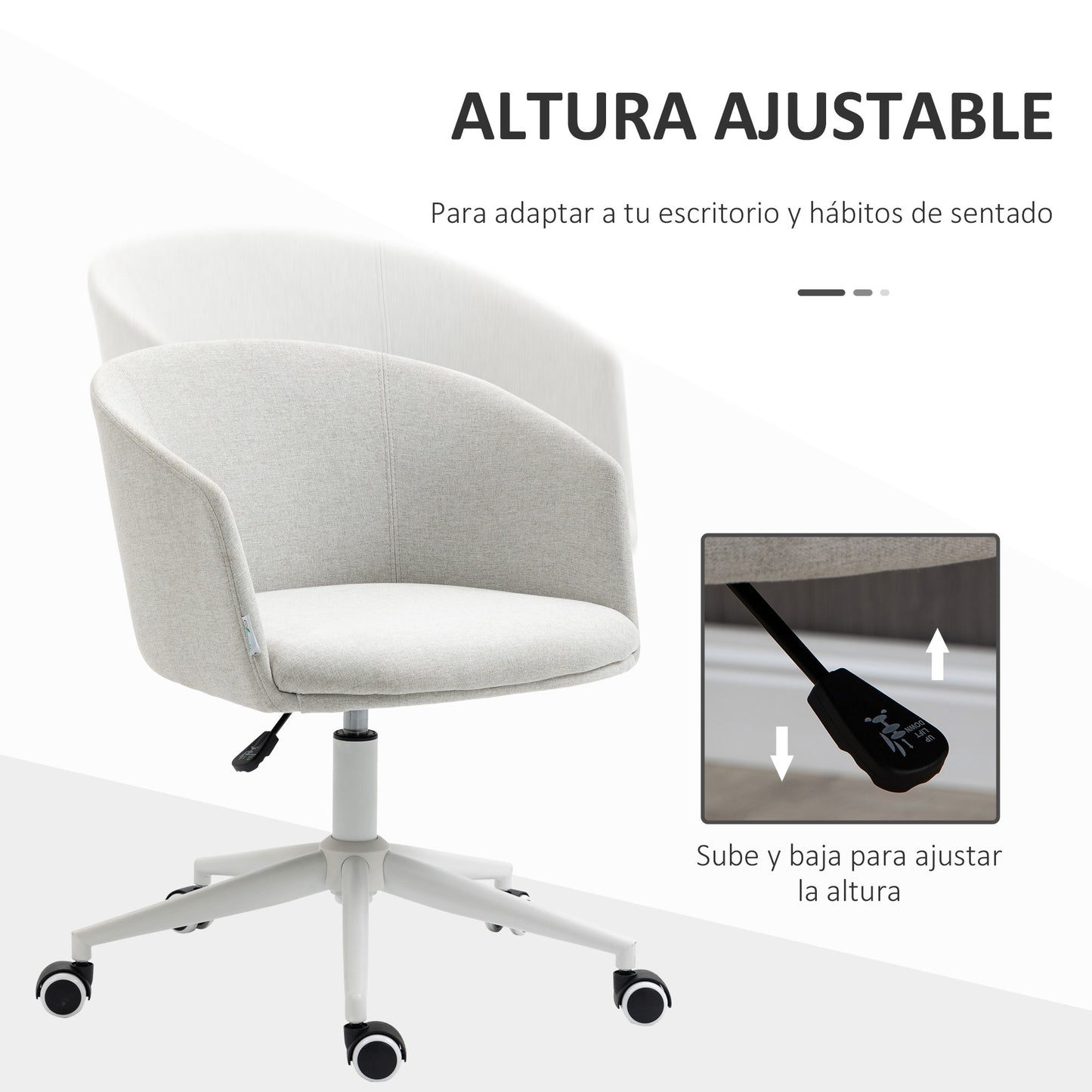 Vinsetto Silla de Oficina Giratoria Silla de Escritorio para Adolescente Ergonómica Altura Ajustable con Reposabrazos y Asiento Acolchado Carga 120 kg Tejido de Lino 56x56x72-82 cm Gris Claro