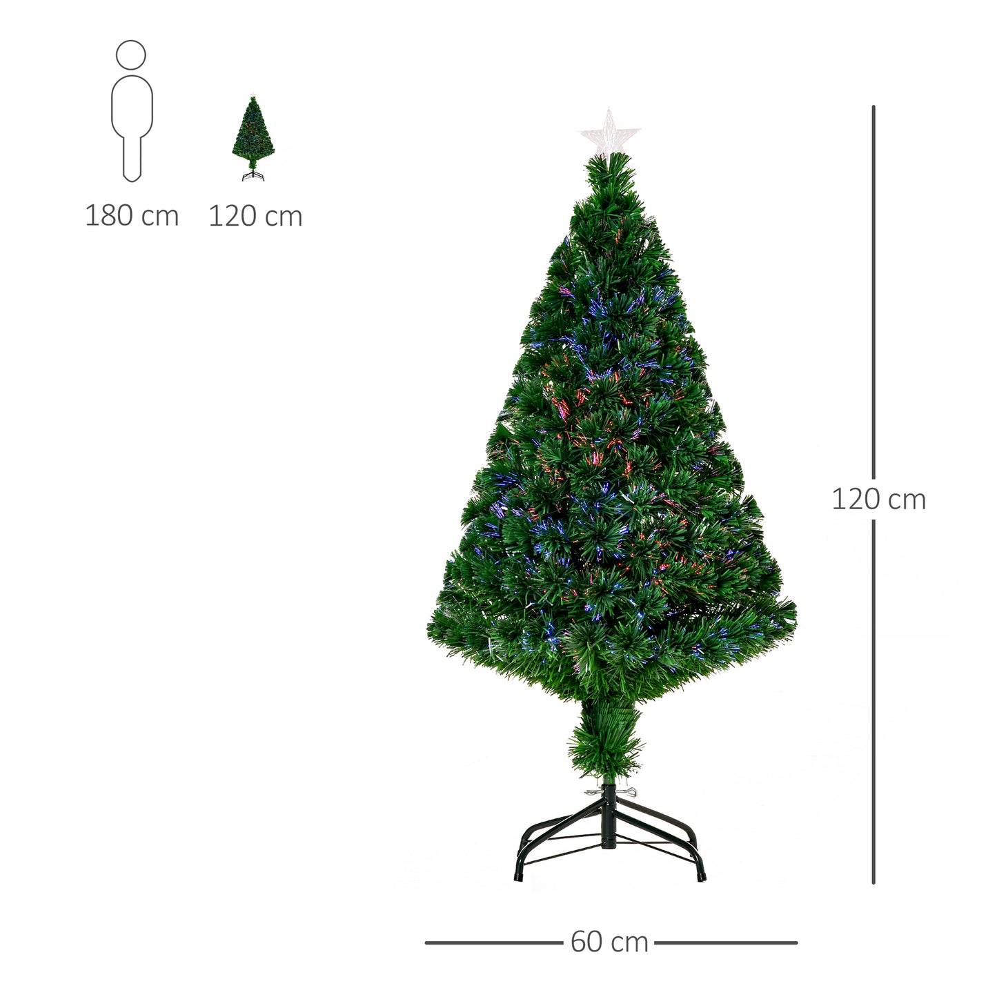 HOMCOM Árbol de Navidad 120cm Artificial Árboles de Abeto con Soporte Fibra Óptica Brillante Multicolor Ignífugo