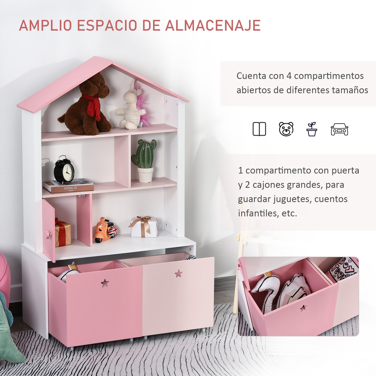 HOMCOM Estantería de Madera Infantil Librería para Niños con 4 Compartimentos 1 Puerta y 2 Cajones Extraíbles con Ruedas para Libros Juguetes 80x34x130 cm Rosa y Blanco