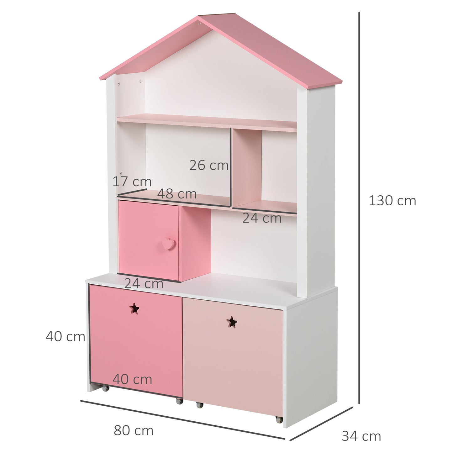 HOMCOM Estantería de Madera Infantil Librería para Niños con 4 Compartimentos 1 Puerta y 2 Cajones Extraíbles con Ruedas para Libros Juguetes 80x34x130 cm Rosa y Blanco