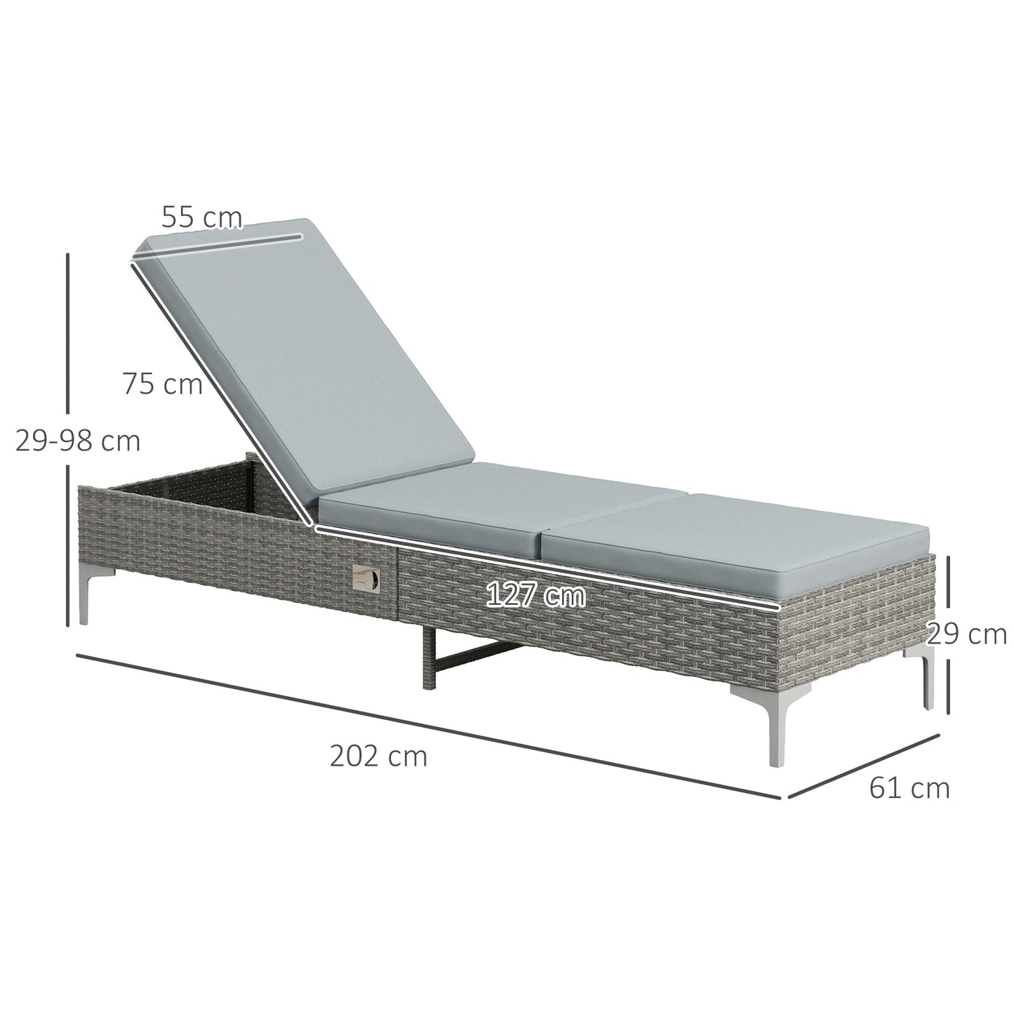 Outsunny Tumbona de Ratán Reclinable Tumbona de Jardín con Respaldo Ajustable Cojín Extraíble y Lavable Carga 160 kg para Patio Terraza 202x61x29-98 cm Gris y Marrón