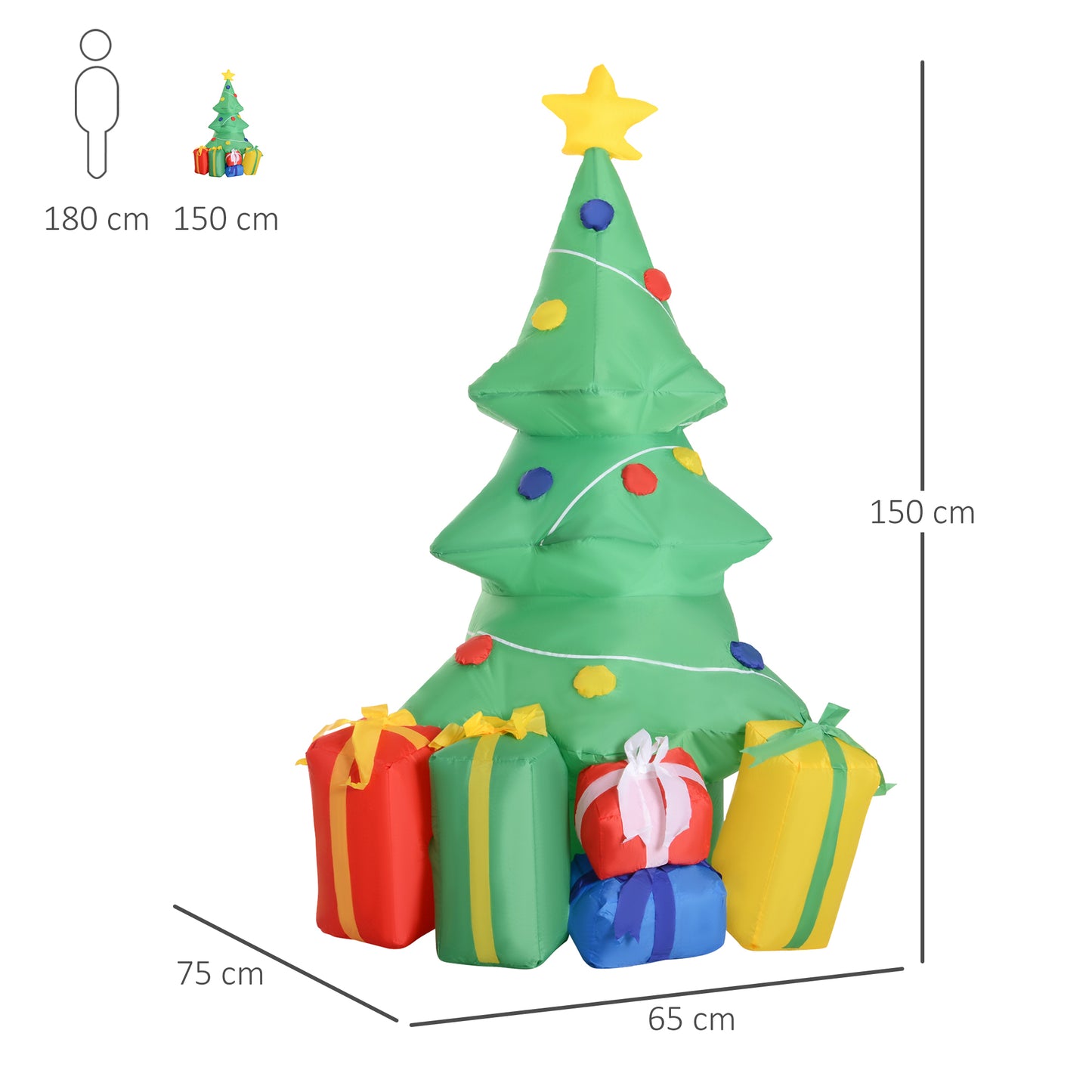 HOMCOM Árbol de Navidad Inflable 1.5m Árbol Decorativo Navideño con Adornos Regalos con luz LED Decoración Navidad con Hinchador 65x75x150 cm Verde