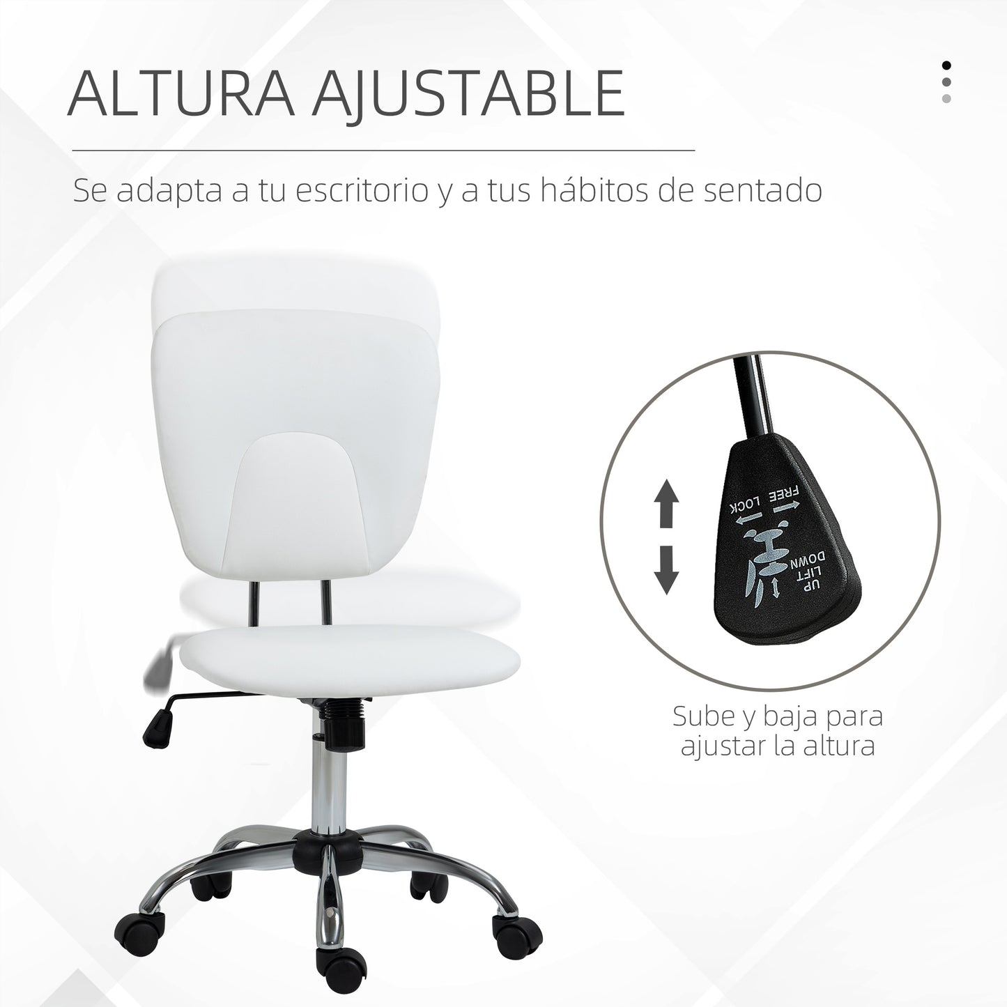 Vinsetto Silla de Oficina sin Reposabrazos Silla de Escritorio Juveniles con Altura Ajustable y Función de Inclinación Carga 120 kg 50x54x87,5-96,5 cm Blanco