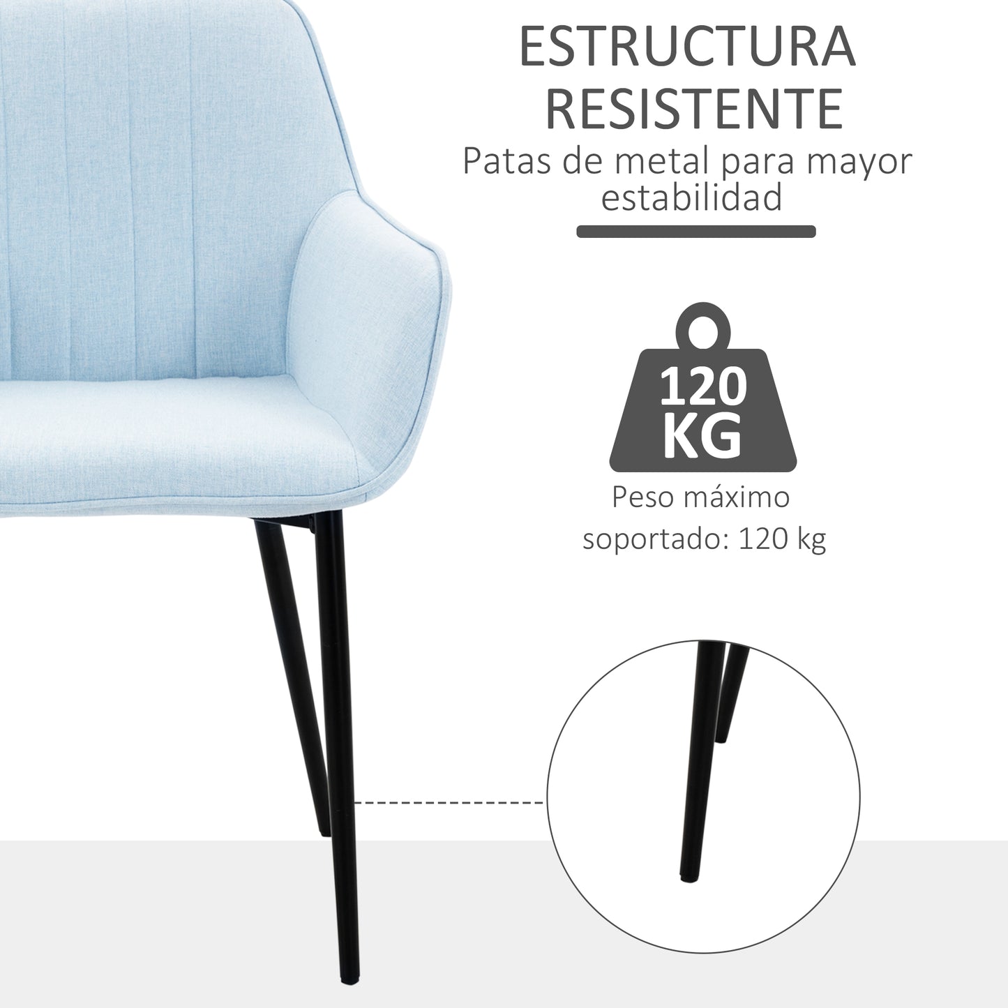 HOMCOM Pack de 2 Sillas de Comedor Sillas Decorativas Tapizadas en Lino Sillas de Cocina con Respaldo Reposabrazos y Patas de Metal para Salón 59,5x56,5x81 cm Azul