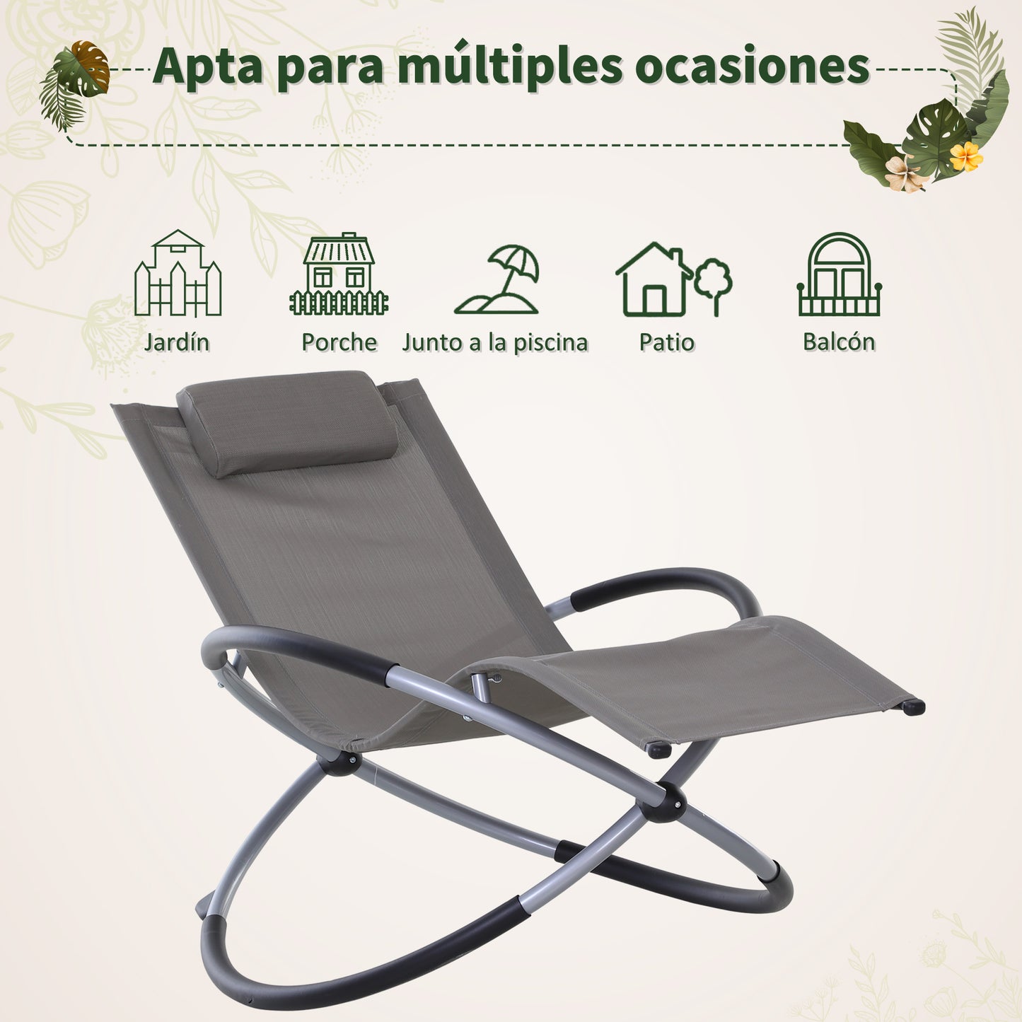 Outsunny Tumbona Mecedora de Jardín con Reposacabezas Extraíble Sillón Tumbona de Exterior Tela de Texteline para Patios Piscina al Aire Libre 154x80x84 cm Gris