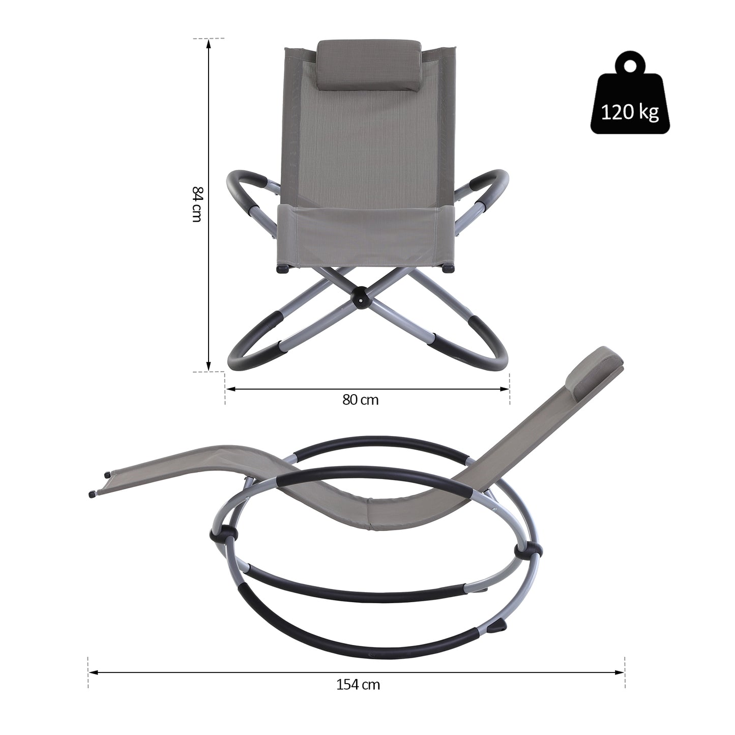 Outsunny Tumbona Mecedora de Jardín con Reposacabezas Extraíble Sillón Tumbona de Exterior Tela de Texteline para Patios Piscina al Aire Libre 154x80x84 cm Gris