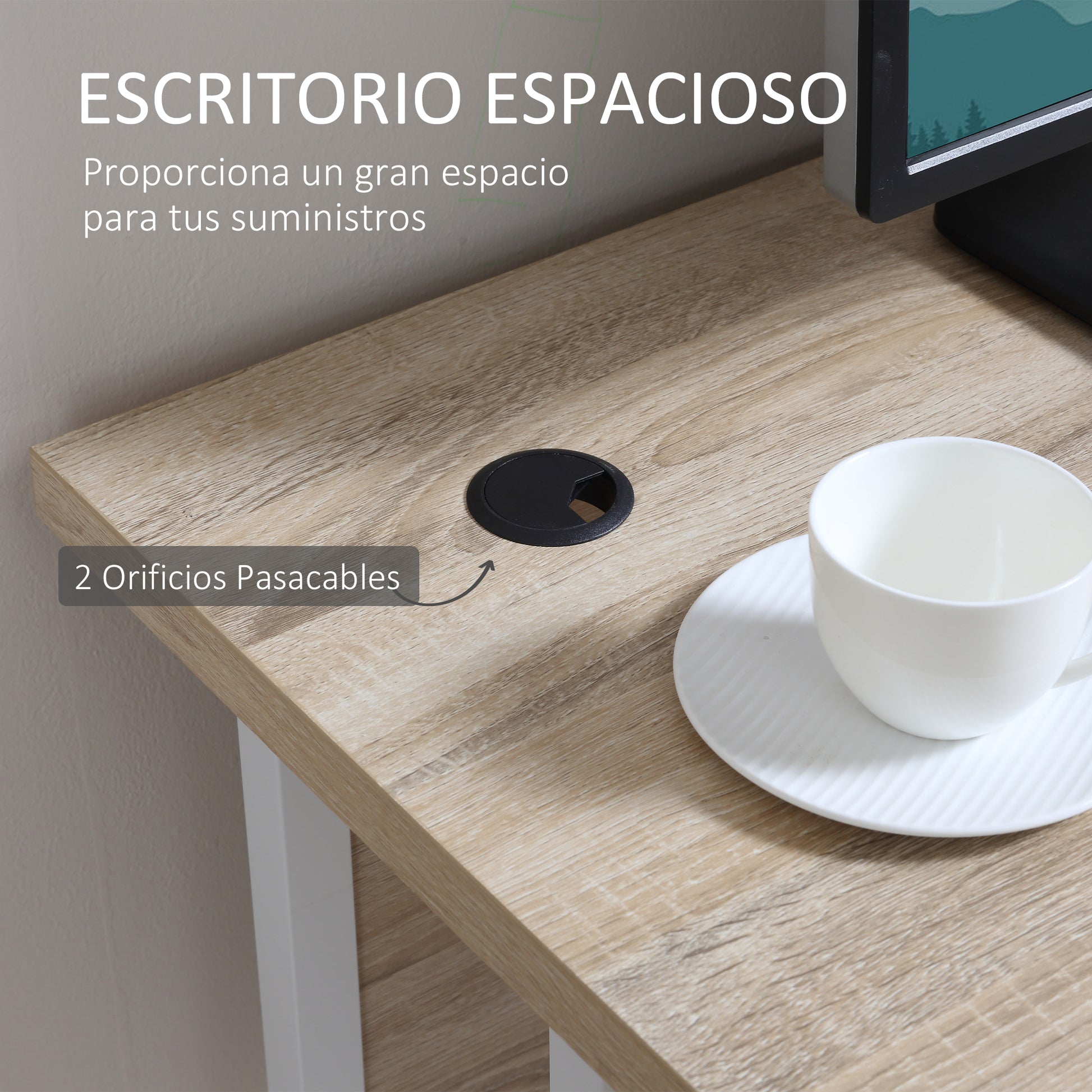 HOMCOM Escritorio Mesa de Ordenador Moderna con 2 Orificios para Cables con  Pies Ajustables Mesa Multifuncional para Oficina Estudio 120x60x75 cm Roble  Pasacables Hogar 120x60x75cm