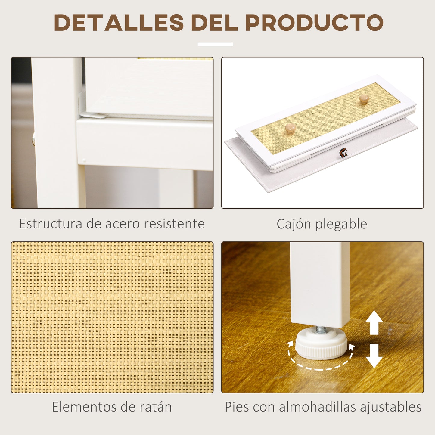 HOMCOM Cómoda Moderna con 6 Cajones de Tela Plegable para Dormitorio Cajonera con Superficie de Ratán PE y Marco de Acero para Salón 120x30x83 cm Blanco