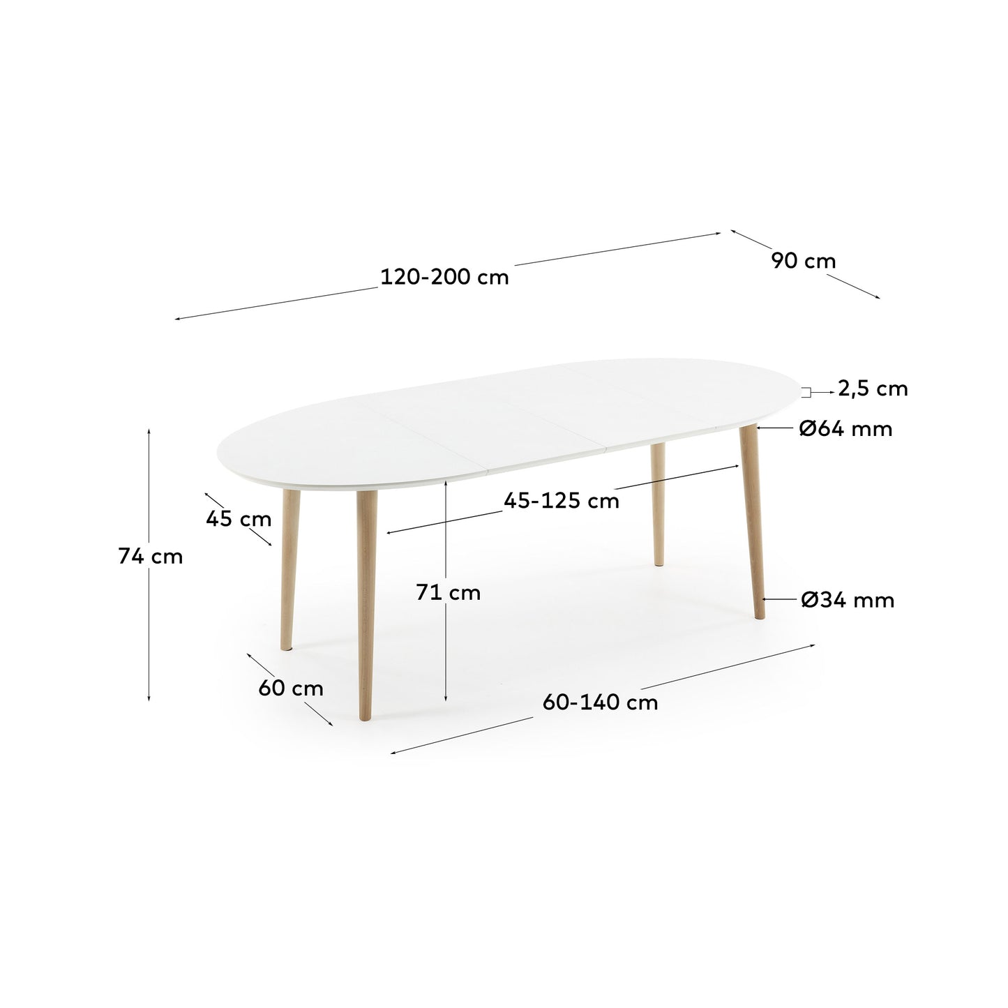 Mesa extensible oval Oqui MDF lacado blanco y patas madera maciza haya 120 (200) x 90 cm