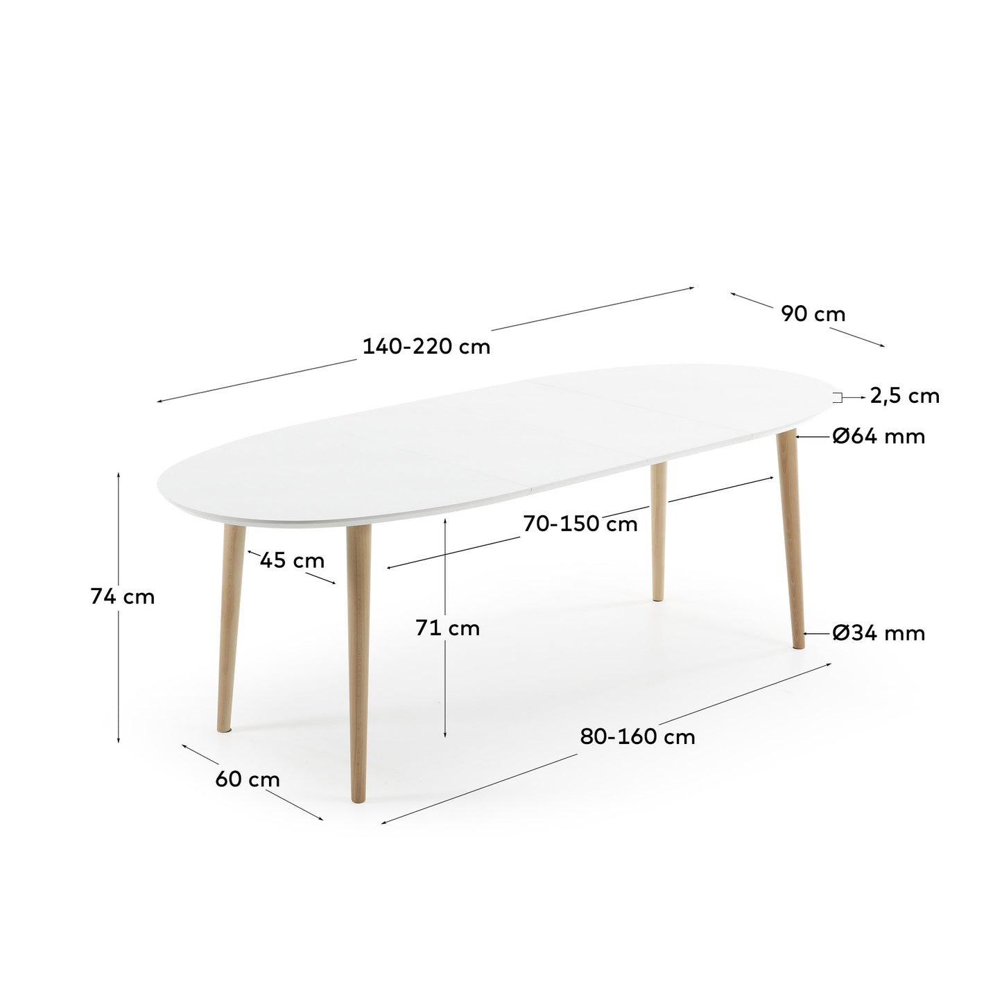 Mesa extensible oval Oqui MDF lacado blanco y patas madera maciza haya 140 (220) x 90 cm