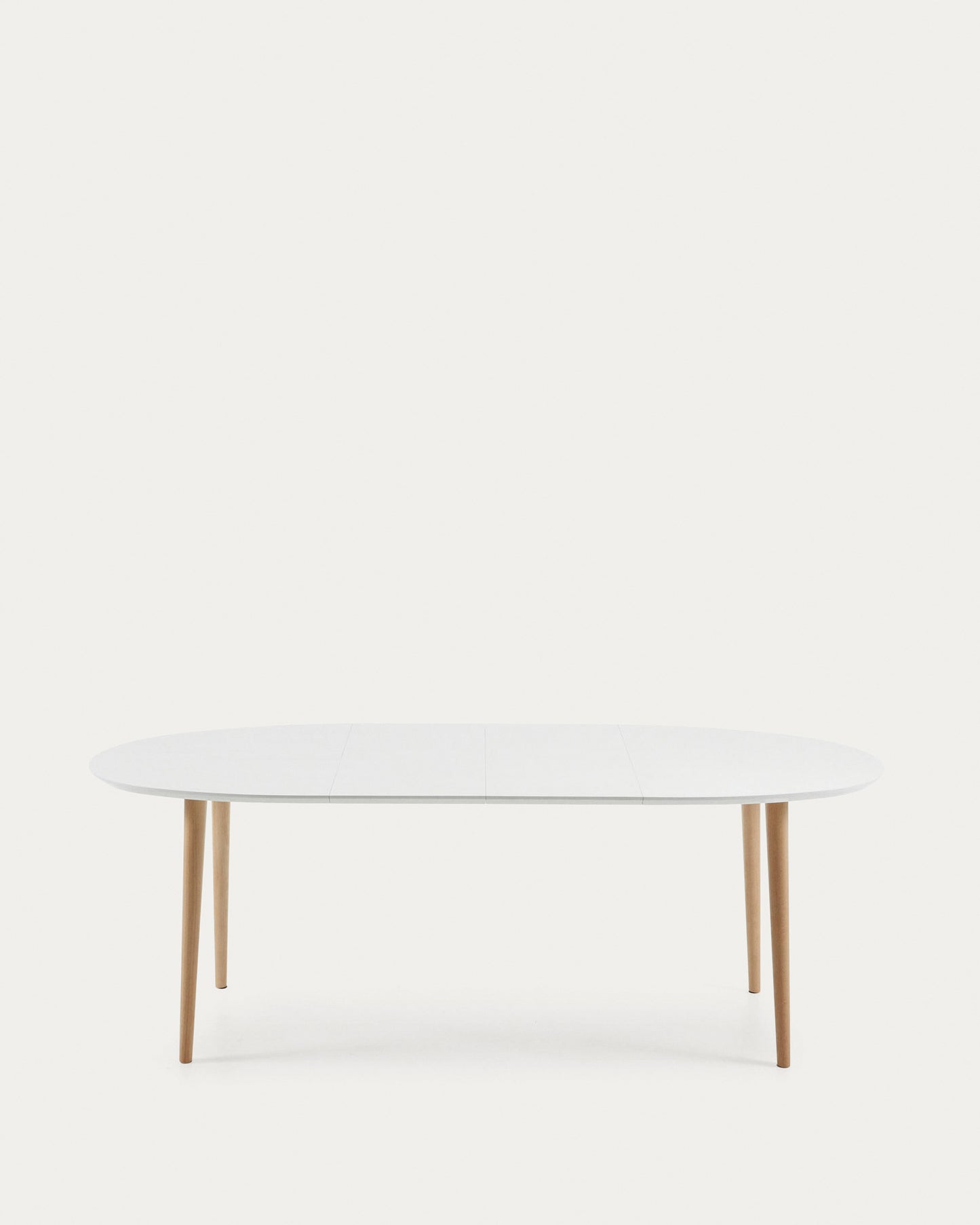 Mesa extensible oval Oqui MDF lacado blanco y patas madera maciza haya 140 (220) x 90 cm