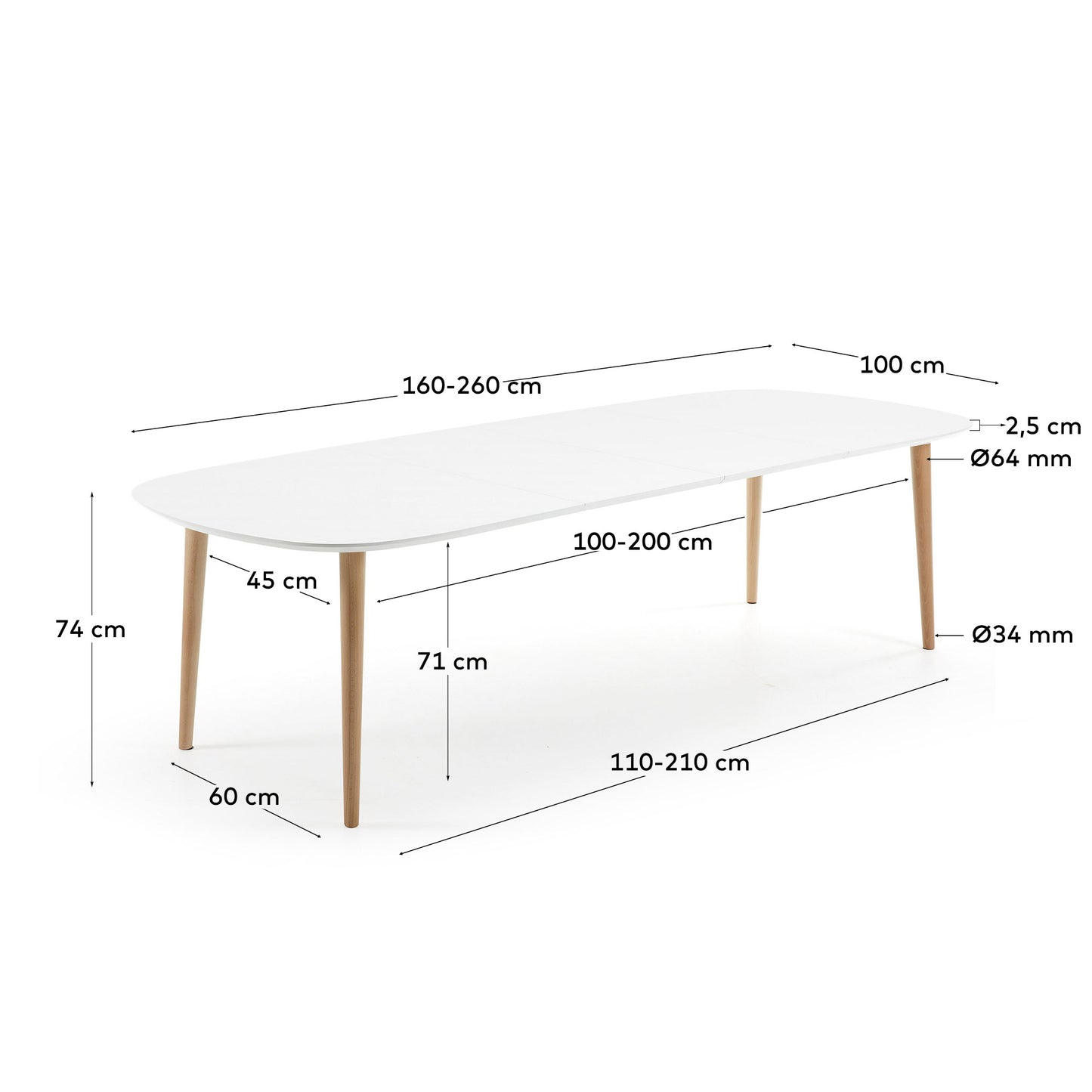Mesa extensible Oqui MDF lacado blanco y patas madera maciza haya 160 (260) x 100 cm