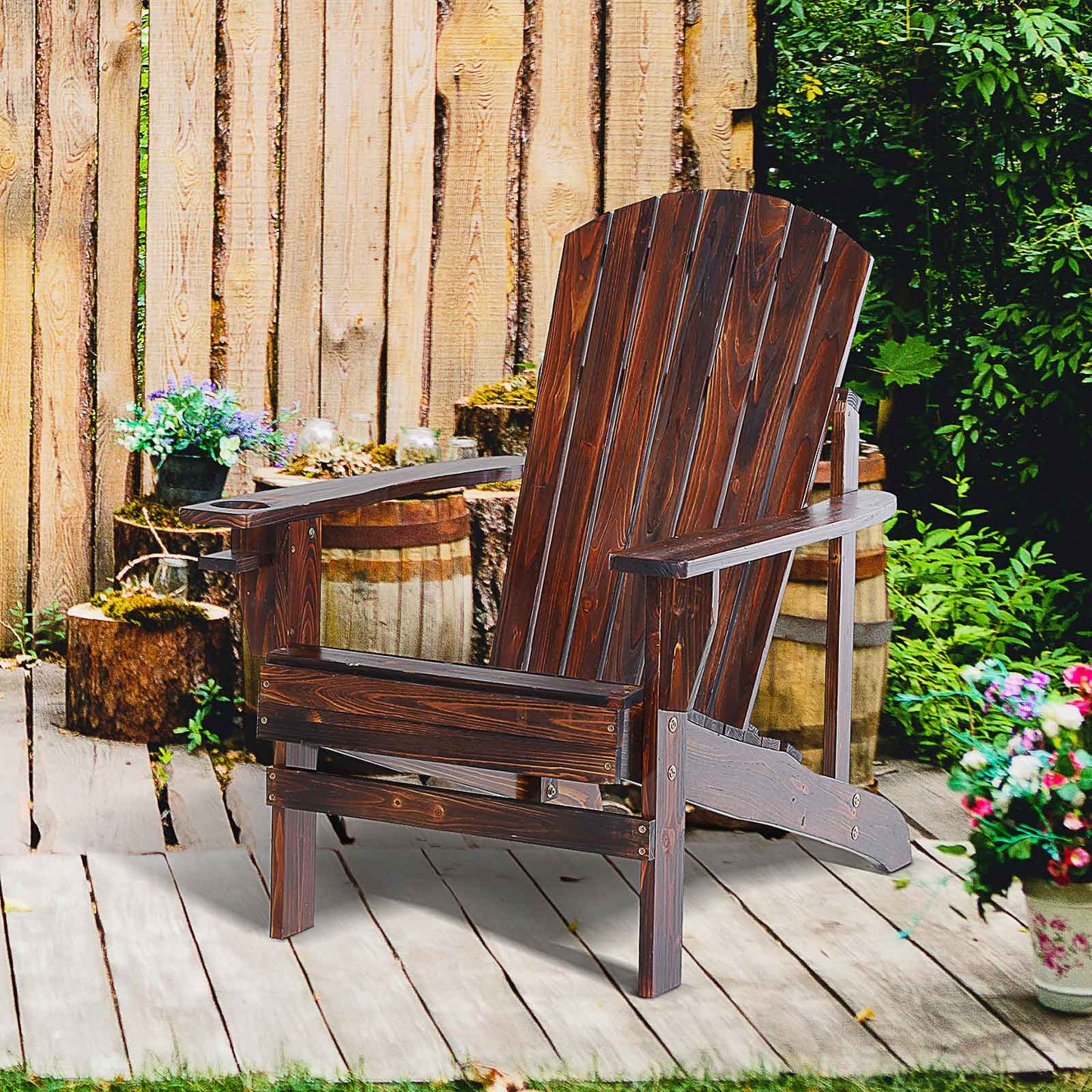 Outsunny Silla Adirondack de Madera Silla de Jardín con Reposabrazos y Respaldo Alto para Terraza Balcón Exterior 72,5x97x93 cm Marrón