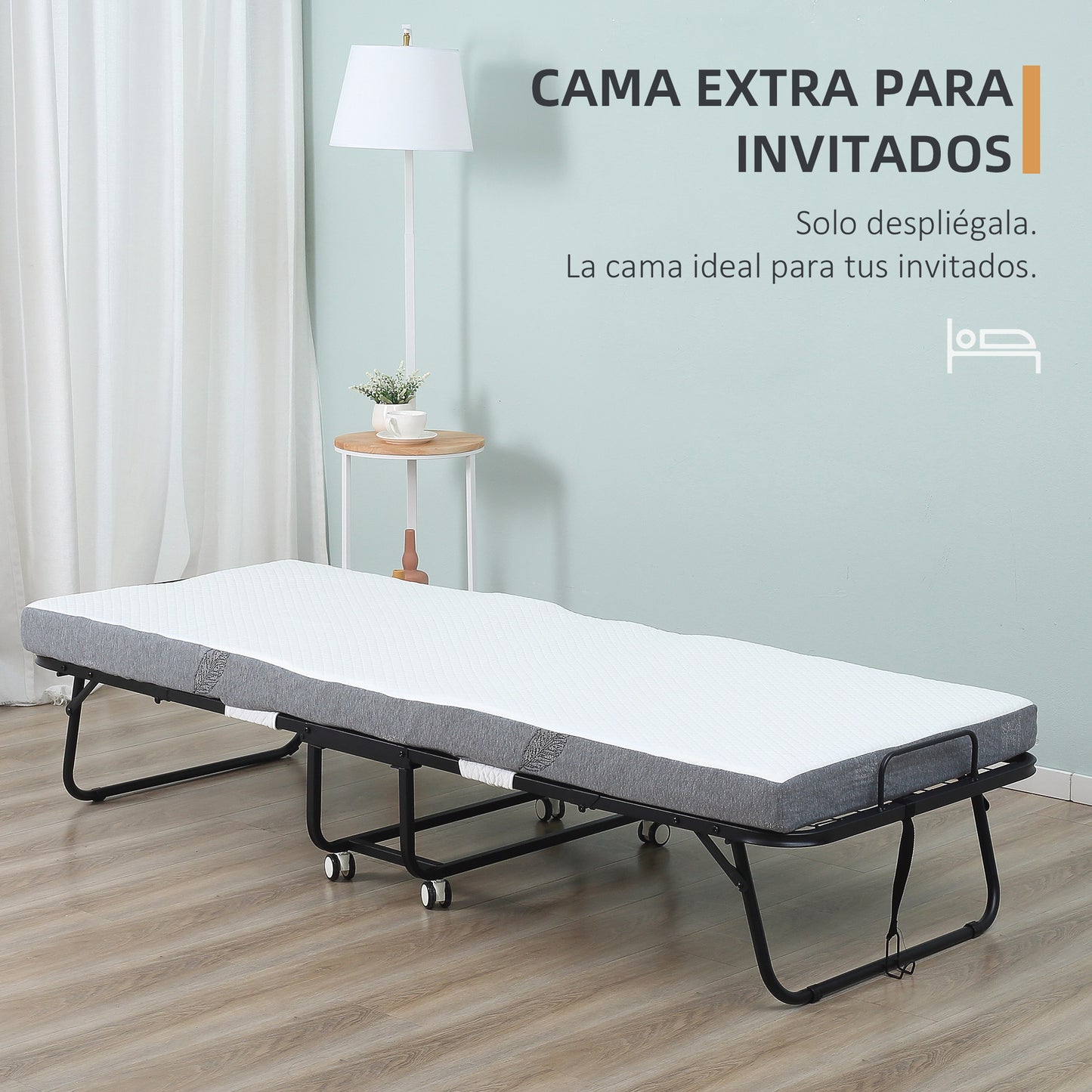 HOMCOM Cama Plegable 200x90x42,5 cm Cama de Camping Portátil con Colchón Individual Ruedas y Frenos Carga 150 kg para Dormitorio Salón Oficina Blanco