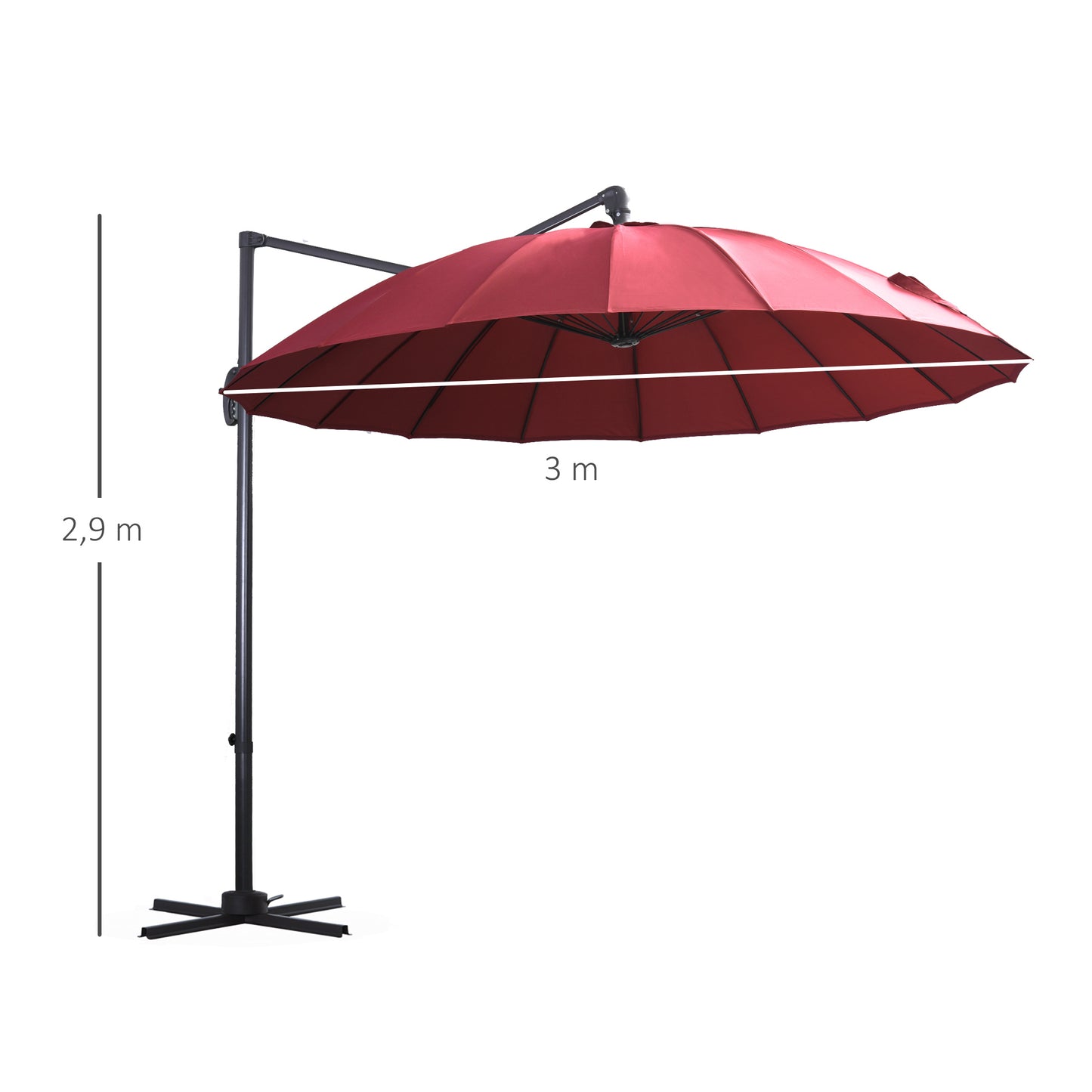 Outsunny Parasol Sombrilla de Jardín Ø300 cm de Diámetro con Manivela y Poste Giratorio 360° Techo Inclinable en 6 Posiciones Base Cruzada Incluida Rojo