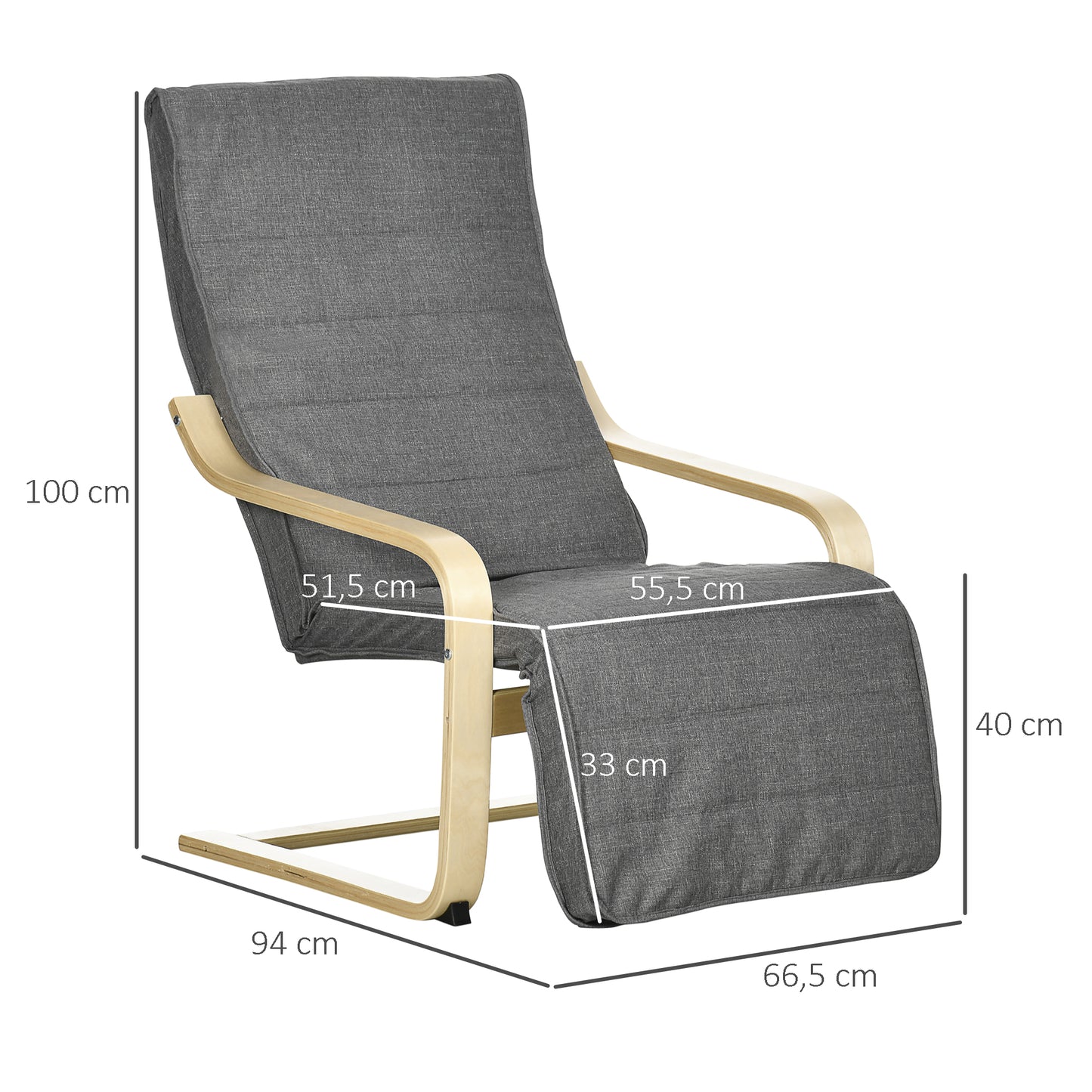 HOMCOM Sillón de Salón con Reposapiés Ajustable Sillón Butaca para Dormitorio Tapizado en Tela con Marco de Madera Carga 120 kg para Oficina Estudio 66,5x94x100 cm Gris