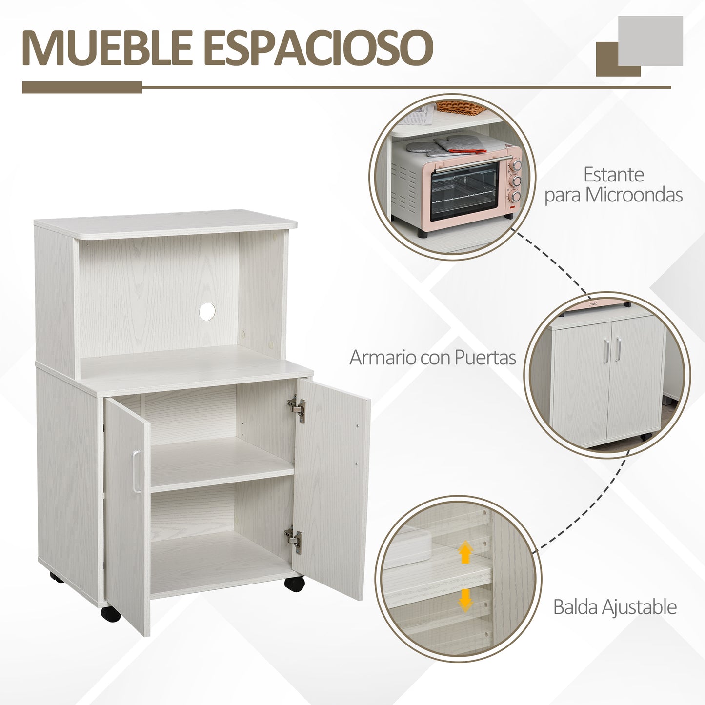 HOMCOM Aparador Auxiliar para Microondas Armario Bajo de Cocina con Armario de 2 Puertas y Estante Ajustable con Ruedas Carga 70 kg 60,4x40,3x97 cm Blanco