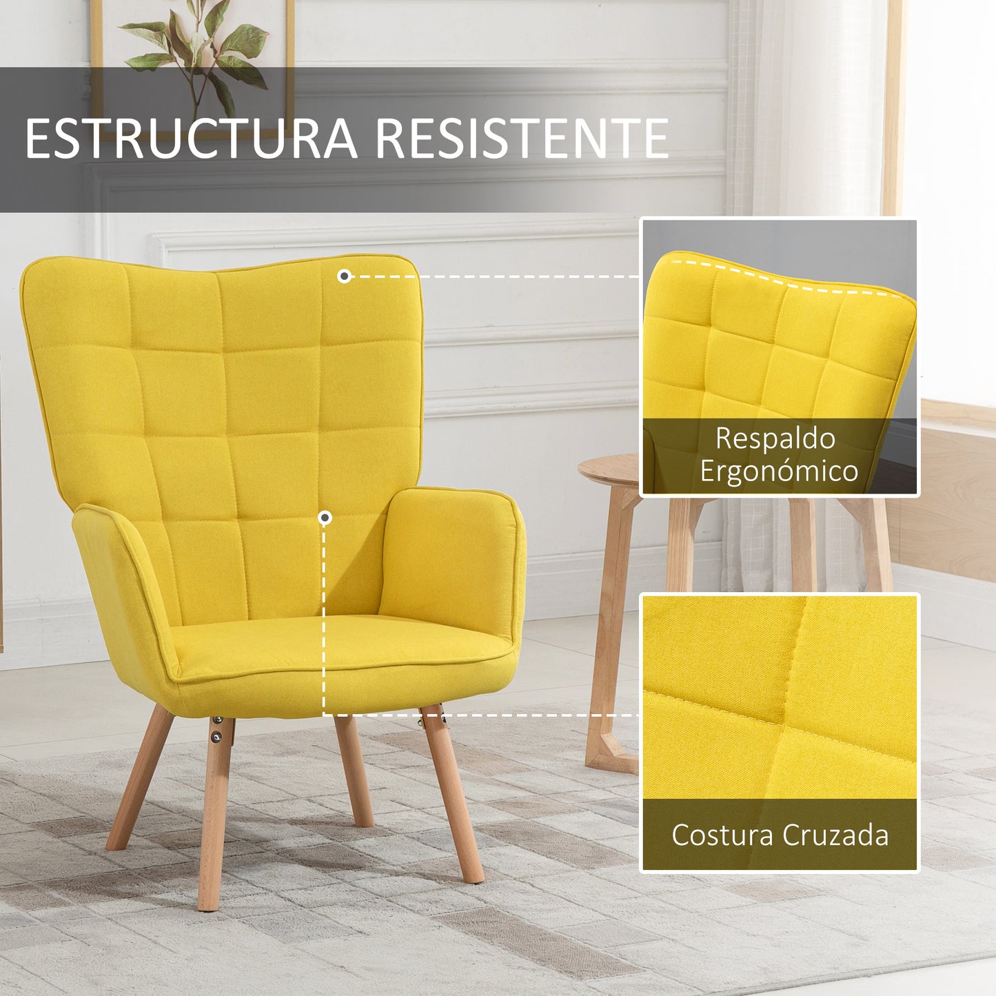 HOMCOM Sillón de Salón Moderno Butaca de Dormitorio con Respaldo Alto Reposabrazos Tela de Lino y Patas de Madera para Sala de Estar 71x76x101 cm Amarillo