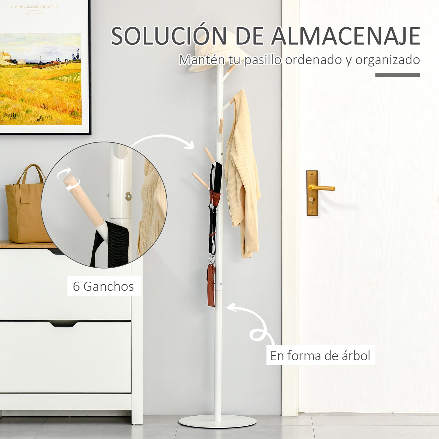 HOMCOM Perchero de Pie Perchero de Árbol con 6 Ganchos de Madera para Ropas Bolsas Bufandas y Marco de Metal para Salón Entrada Dormitorio 35x35x174 cm Blanco