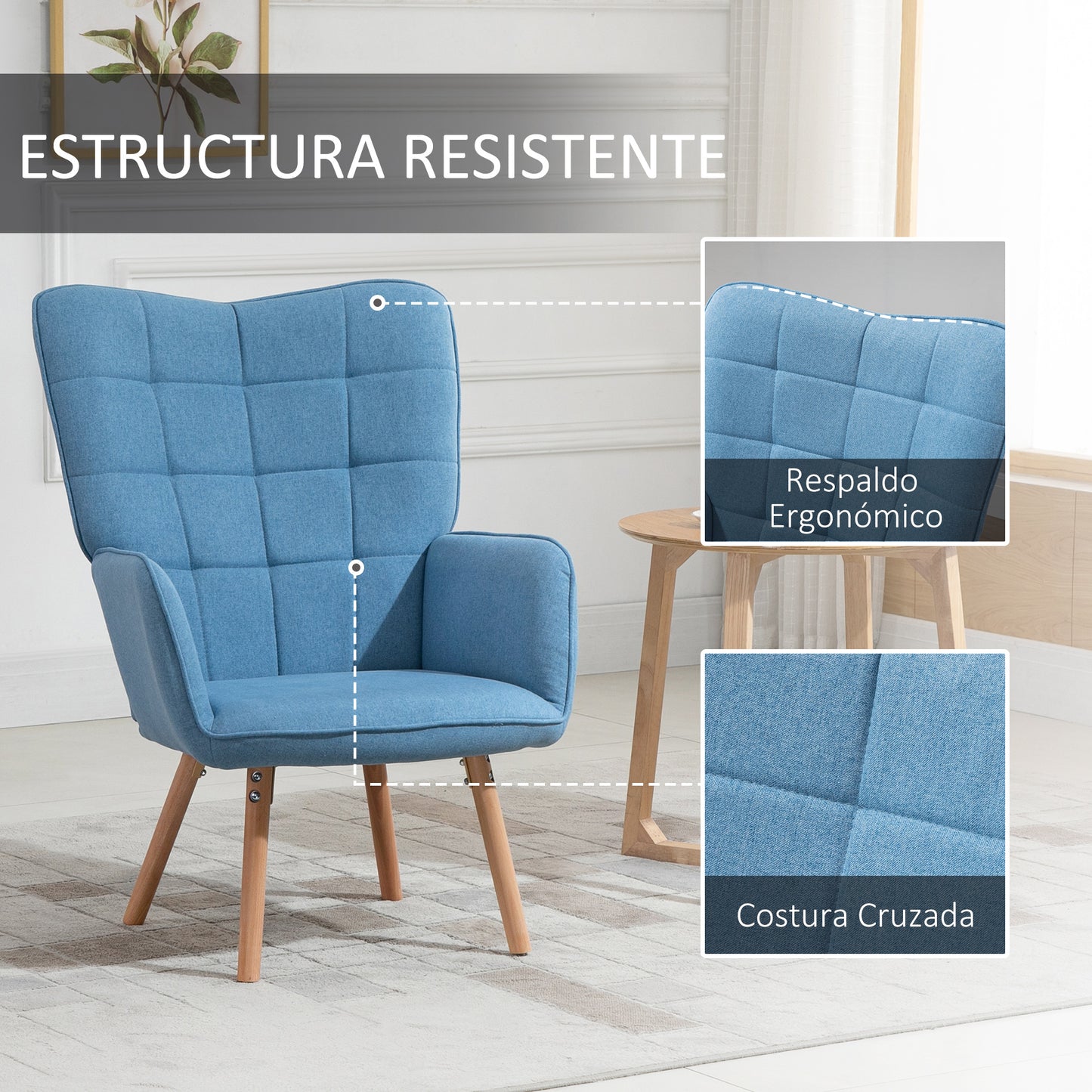 HOMCOM Sillón de Salón Moderno Butaca de Dormitorio con Respaldo Alto Reposabrazos Tela de Lino y Patas de Madera para Sala de Estar 71x76x101 cm Azul