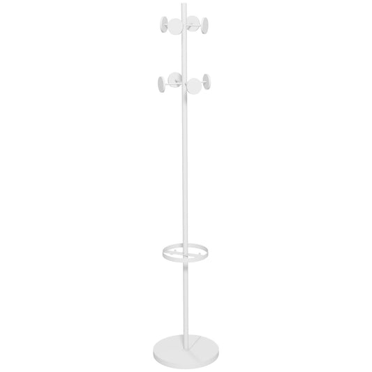 HOMCOM Perchero de Pie con Paragüero Perchero de Pie para Ropa de Metal con 12 Ganchos para Colgar Bolsas Paraguas Forma de Árbol para Pasillo Entrada Dormitorio Ø34x177 cm Blanco