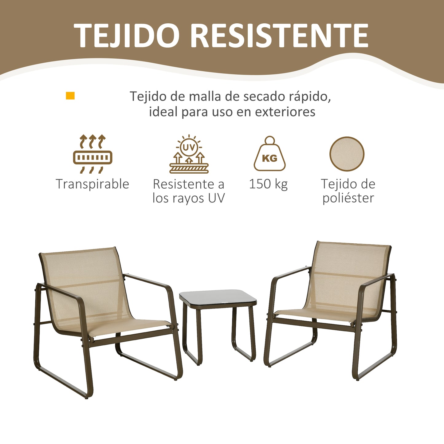 Outsunny Conjunto de Muebles de Jardín 3 Piezas Muebles de Jardín Exterior Incluye 1 Mesa de Vidrio Templado y 2 Sillas con Reposabrazos y Respaldo Transpirable para Terraza Balcón Caqui