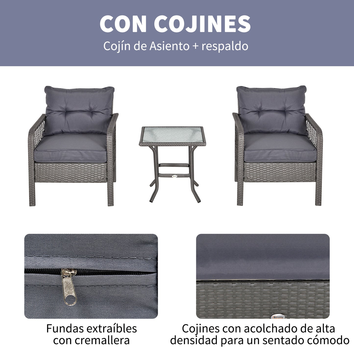 Outsunny Conjunto de Muebles de Ratán Juegos de 3 Piezas de Jardín 2 Sillones 65x66x75 cm y Mesa de Vidrio Templado 50x50x50 cm con Cojines Acolchados para Terraza Patio Gris