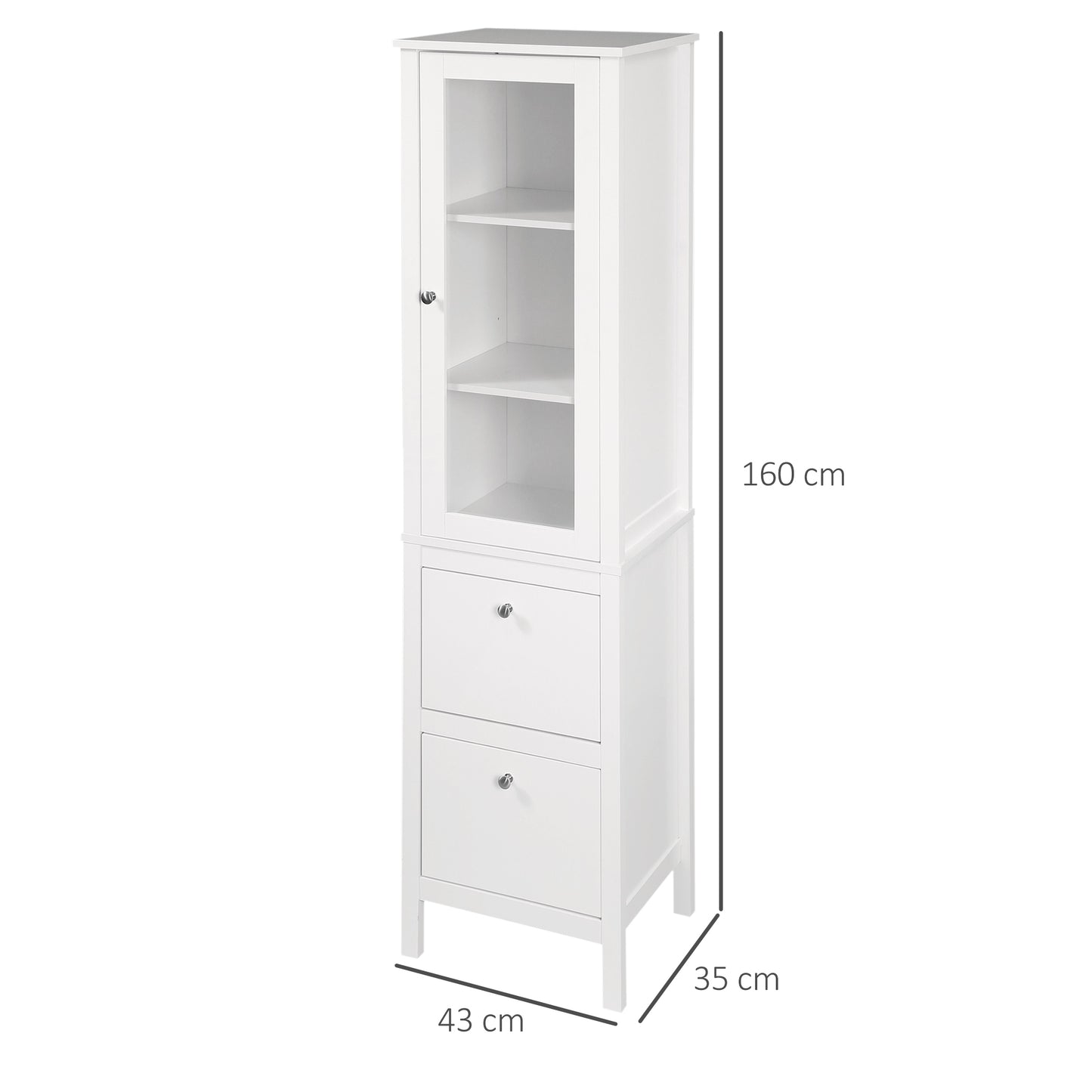 kleankin Armario Alto para Baño Mueble Columna de Baño con 1 Puerta de Cristal Estantes Ajustables y 2 Cajones Multiusos para Salón Cocina 43x35x160 cm Blanco