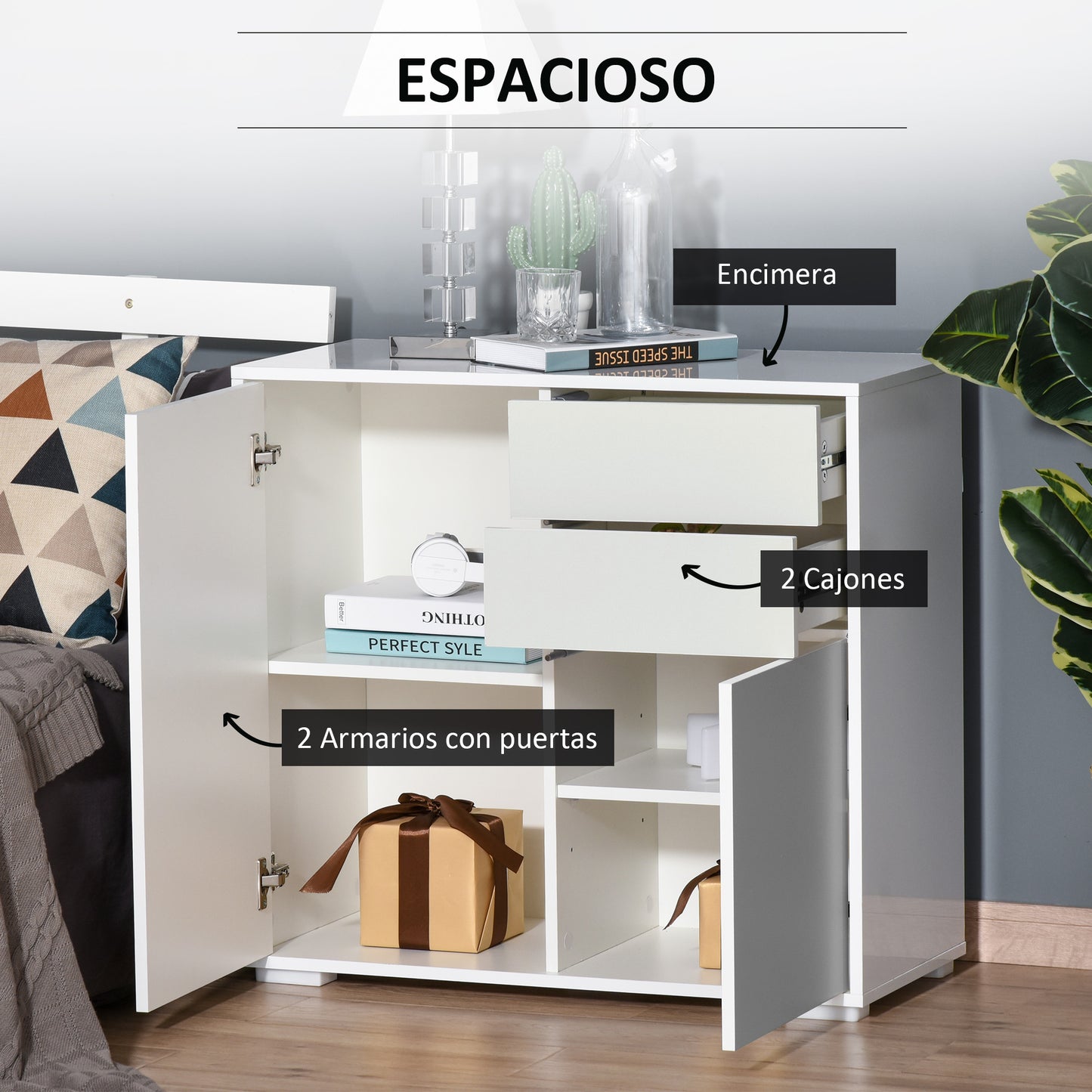 HOMCOM Aparador para Cocina con 2 Puertas 2 Cajones Marco de Blanco Brillante Estante Ajustable Apertura a Presión Armario de Almacenamiento para Dormitorio Salón 79x36x74 cm Blanco