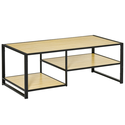 HOMCOM Mesa de Centro para Salón con 2 Estantes de Almacenamiento Mesa Baja con Marco de Acero para Dormitorio Oficina Carga 55 kg 120x60x46 cm Roble