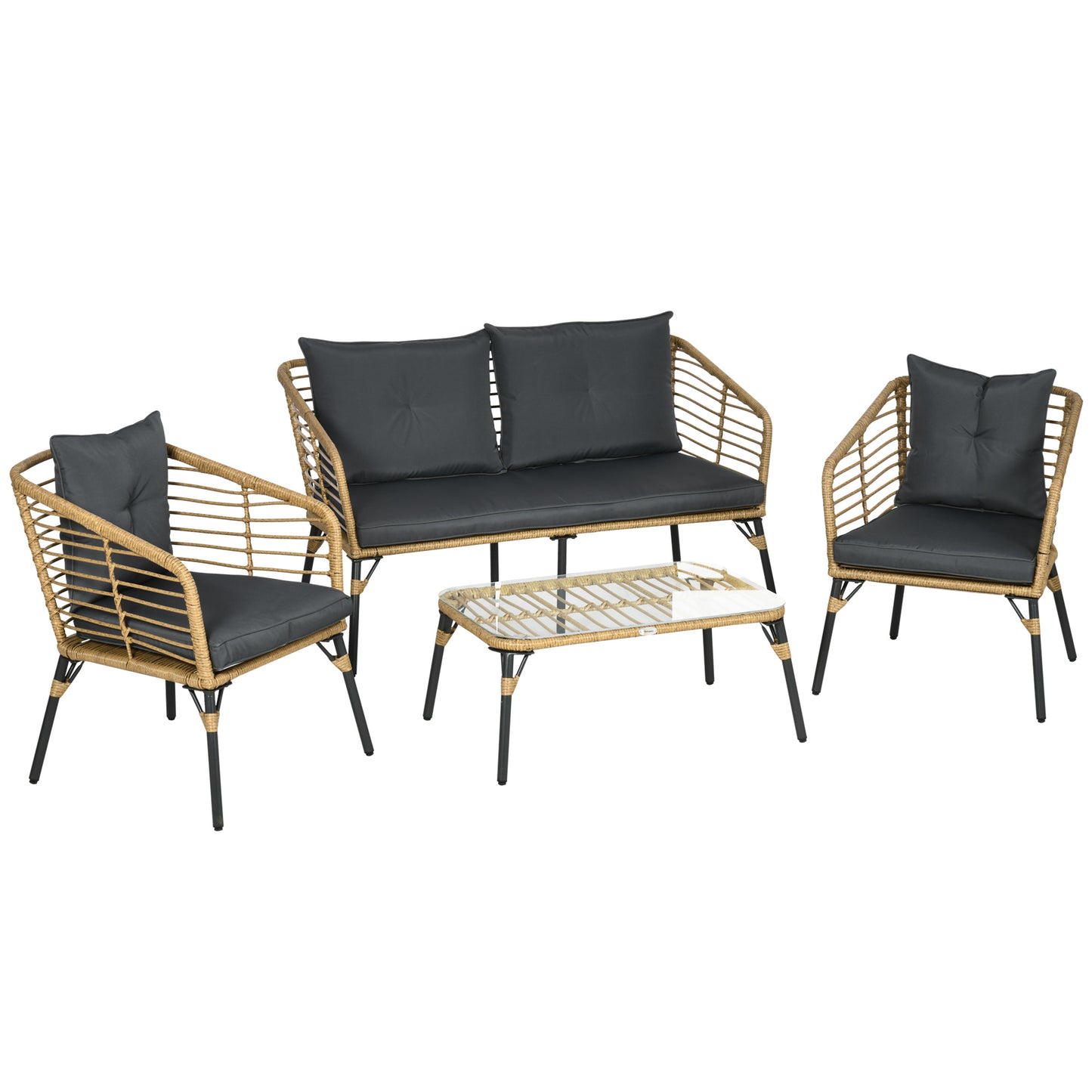 Outsunny Conjunto de Muebles de Ratán para 4 Personas Muebles de Jardín 4 Piezas con Sofá de 2 Plazos 2 Sillones Mesa de Centro y 4 Cojines para Terraza Patio Arena