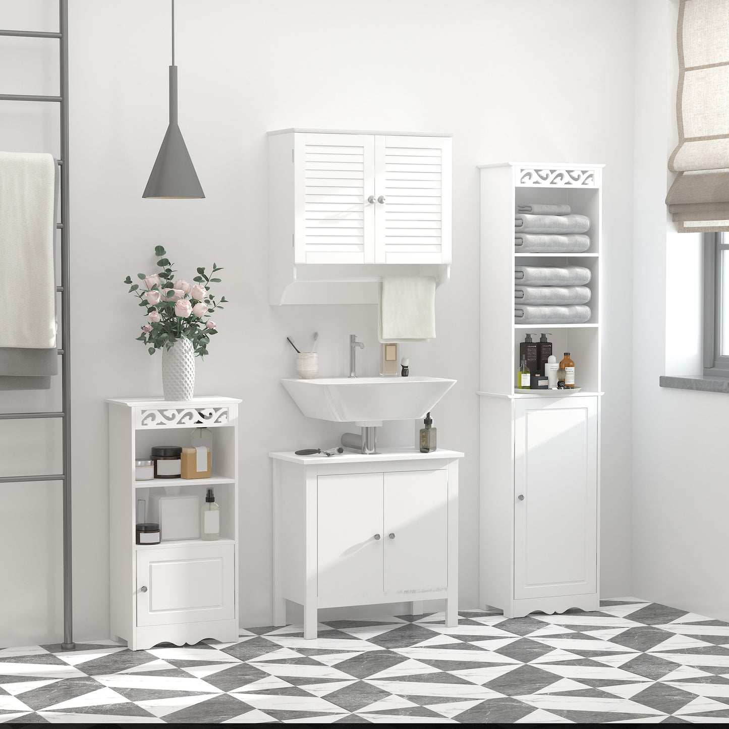 kleankin Armario Baño de Pared con 2 Puertas de Persiana Estante Interior y Barra de Toallero Mueble Auxiliar Suspendido Moderno Multiusos para Cocina 60x23x60 cm Blanco