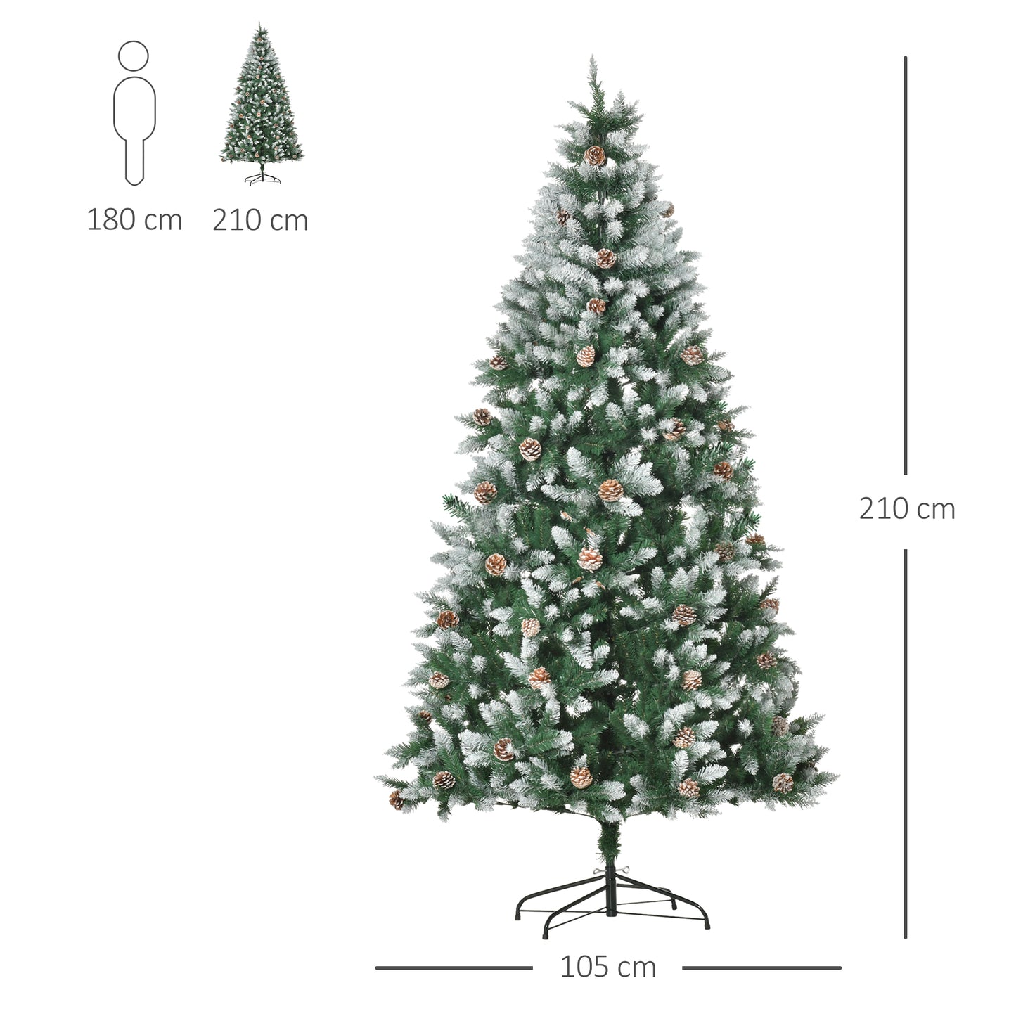 HOMCOM Árbol de Navidad Artificial Ø105x210 cm con 1440 Puntas de PVC y 75 Piñas con Ramas Apertura Automática Base Plegable y Soporte de Acero para Interiores Verde