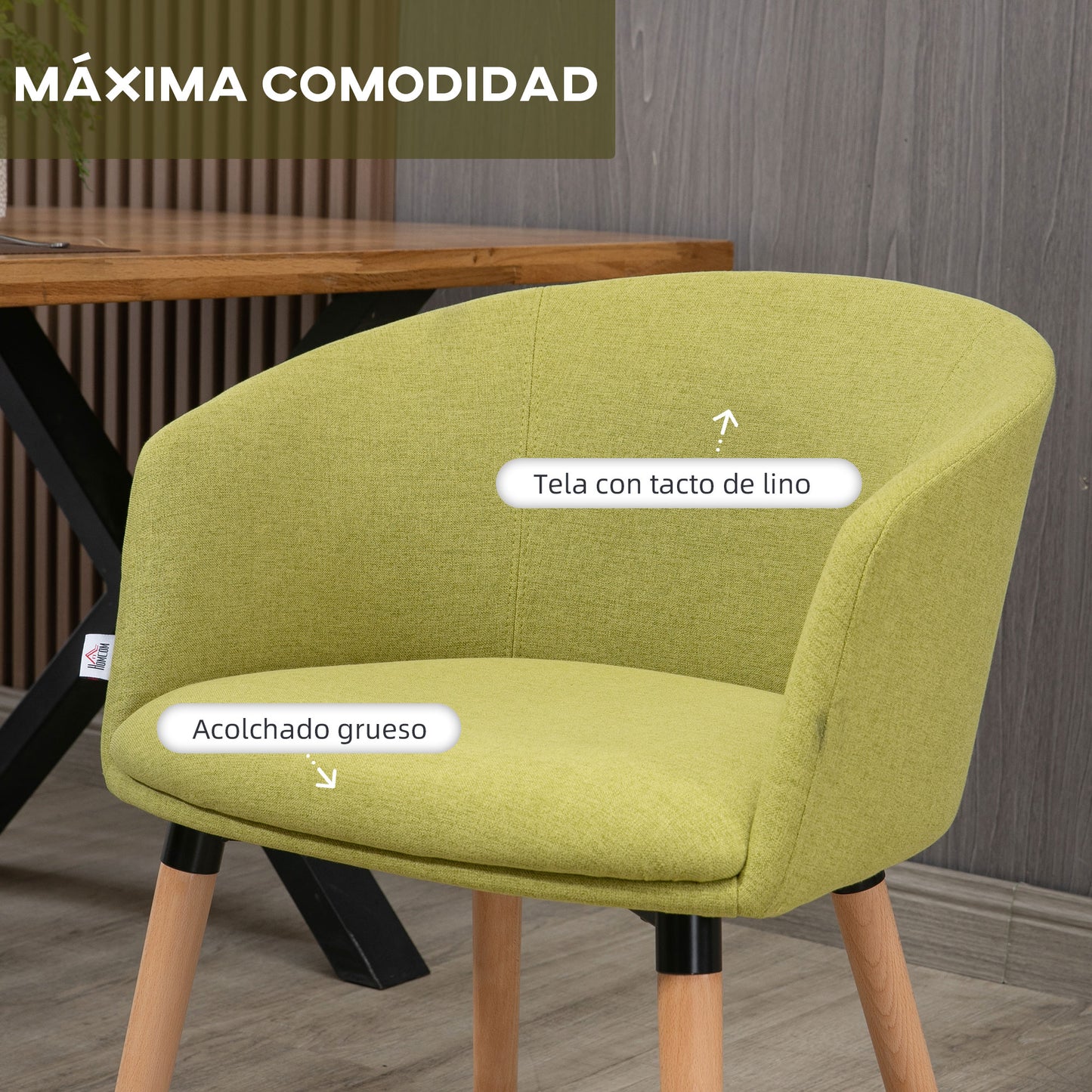 HOMCOM Silla de Comedor Butaca de Salón Tapizada en Lino Sintético con Reposabrazos y Patas de Madera para Oficina Dormitorio Carga 120 kg 57x56x72 cm Verde