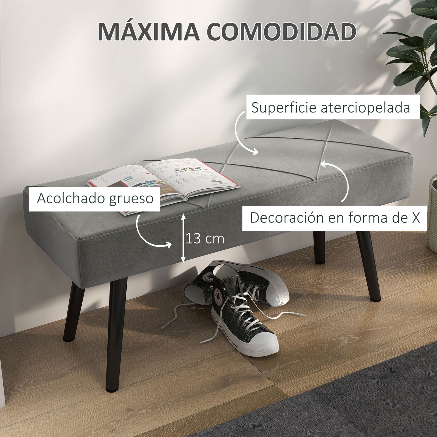 HOMCOM Taburete Pie de Cama Multifuncional Banco Pie de Cama Moderno Banco Dormitorio con Pies de Acero y Asiento Acolchado Carga 120 kg para Entrada Pasillo 100x36x45 cm Gris